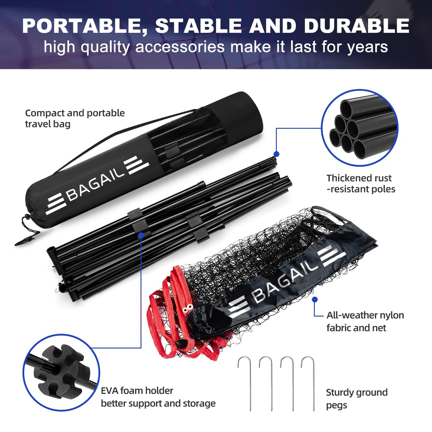BAGAIL Badminton Net, Foldable Nylon Net, Hieght Adjustable Stand and Portable Carry Bag, Easy to Assemble or Disassemble, Ideal Recreational Sports