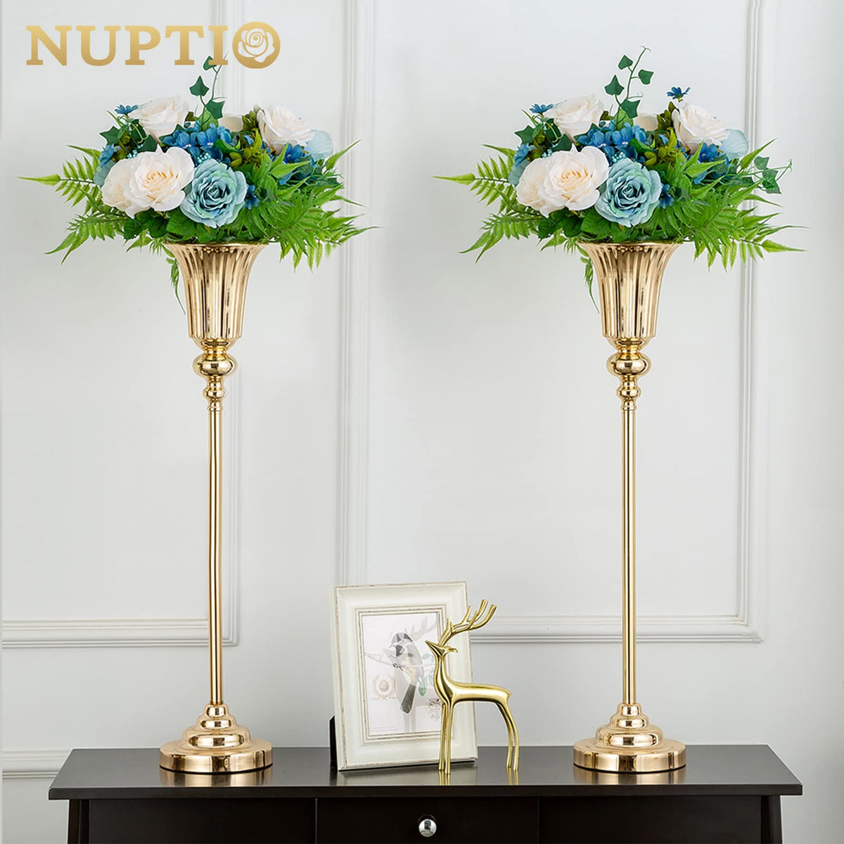 NUPTIO Gold Vase Centrepieces Tall: 2 Pcs 77.5cm Wedding Table Centerpieces Trumpet Vases Metal Flower Stand for Party Anniversary Ceremony Birthday