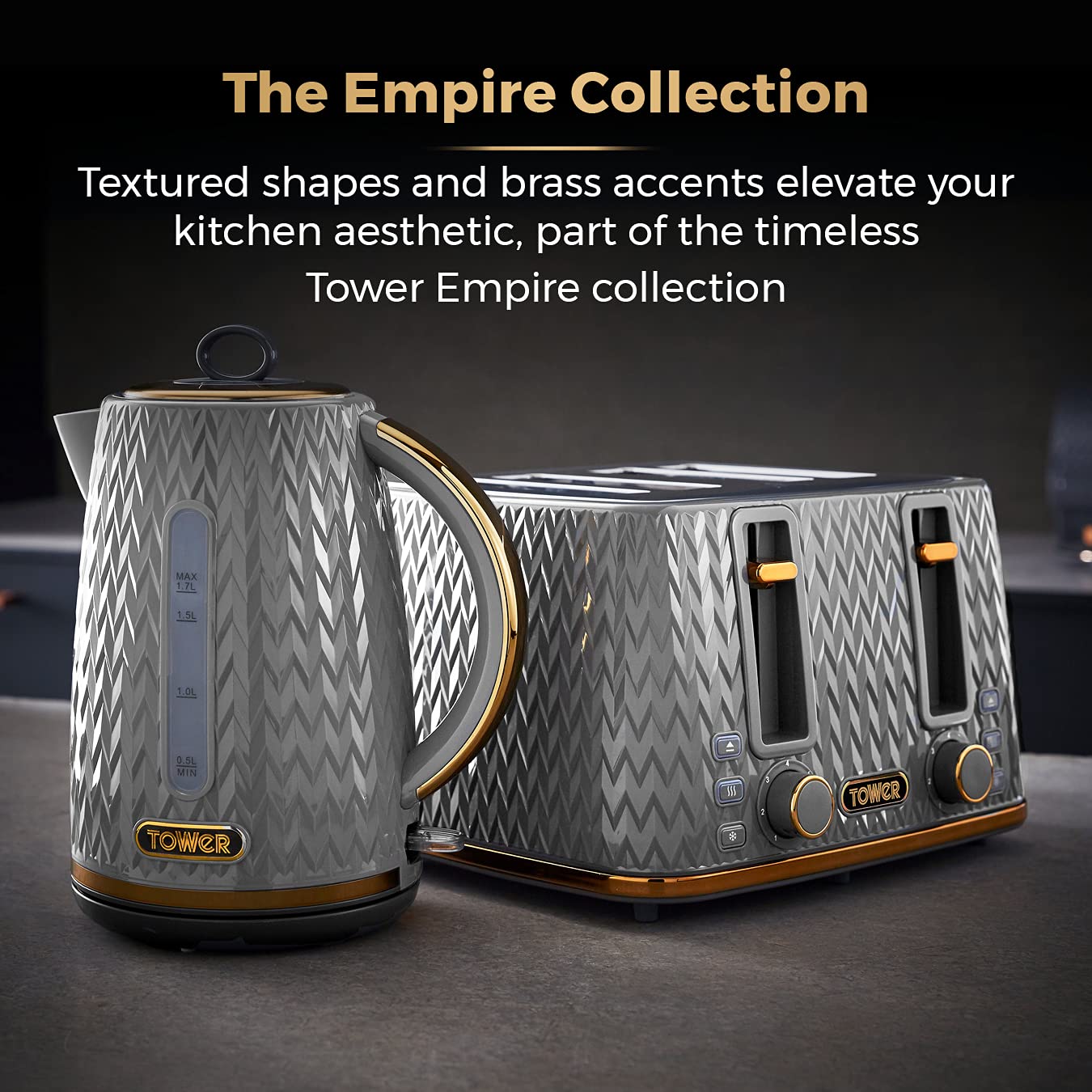Tower T20061GRY Empire 4-Slice Toaster with Defrost/Reheat, Removable Crumb Trays, 1600W, Grey and Brass