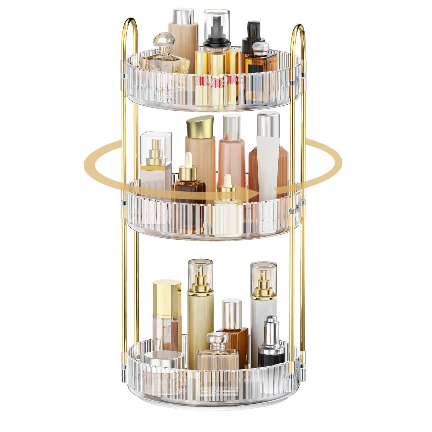 MOKANI 360 Rotating Makeup Organiser, 3 Tiers Spinning Skincare Organiser, Multi-Function Make Up Storage, Large Capacity Cosmetic Perfume Stand for