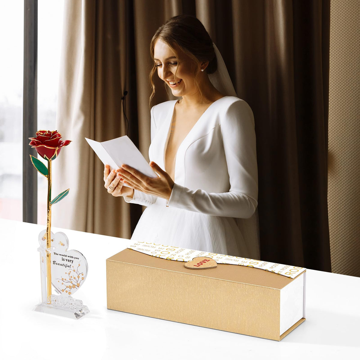 Mikasol Gold Dipped 24K Forever Preserved Rose, 1 Pack Infinity Flower Decor Hand Dipped Romantic Gift for Women in Her Wife Girlfriend Birthday