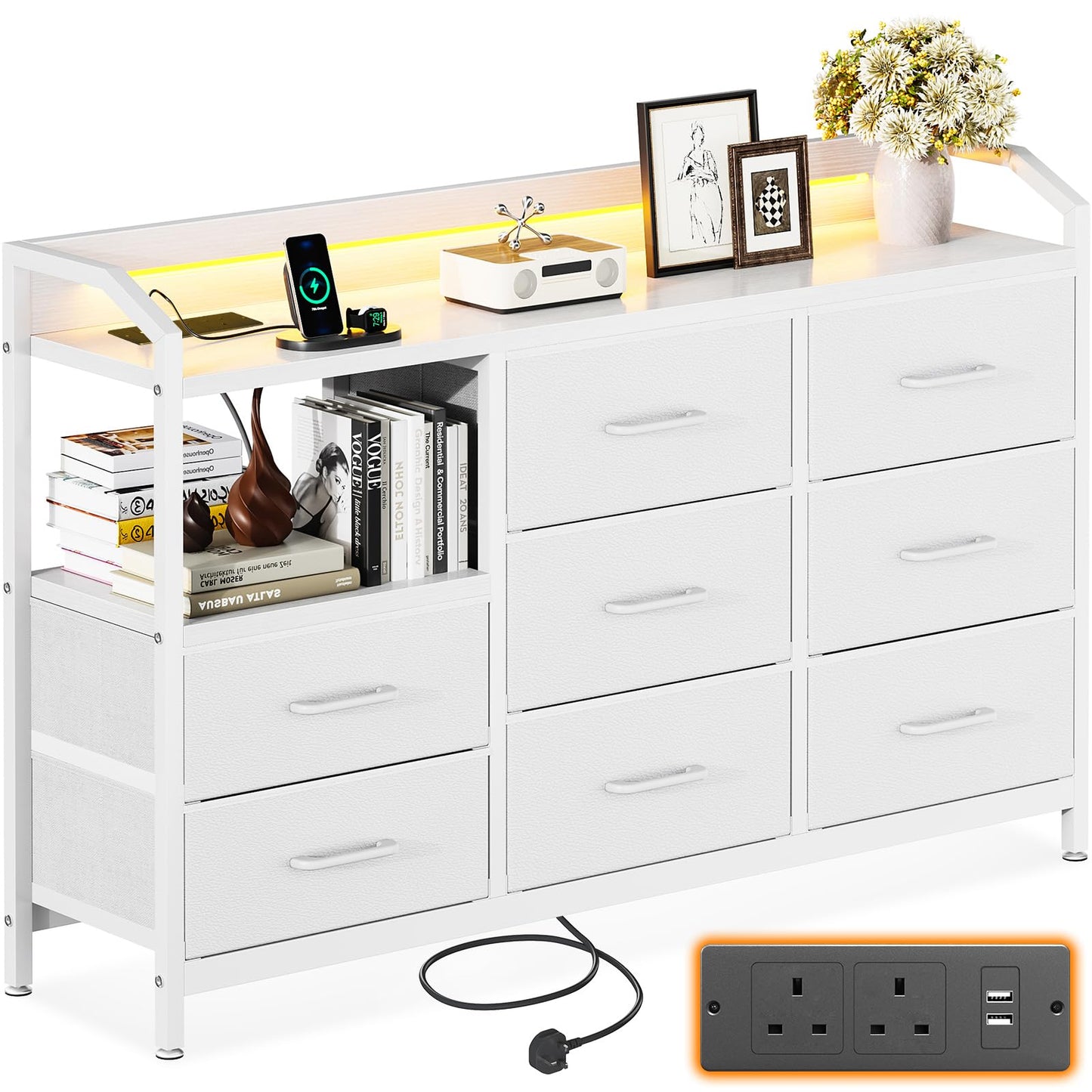 ODK Chest of Drawers Bedroom, 8 Fabric Drawers, 110x30x88cm, White