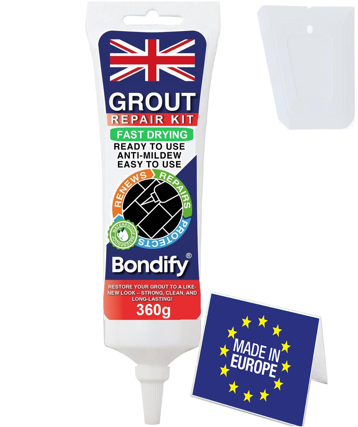 BONDIFY Waterproof White Grout Repair Kit Ready Mixed, 360g FAST DRYING, EXTRA VOLUME Anti Mould White Tile Grout Reviver for Patio, Shower, Bathroom,