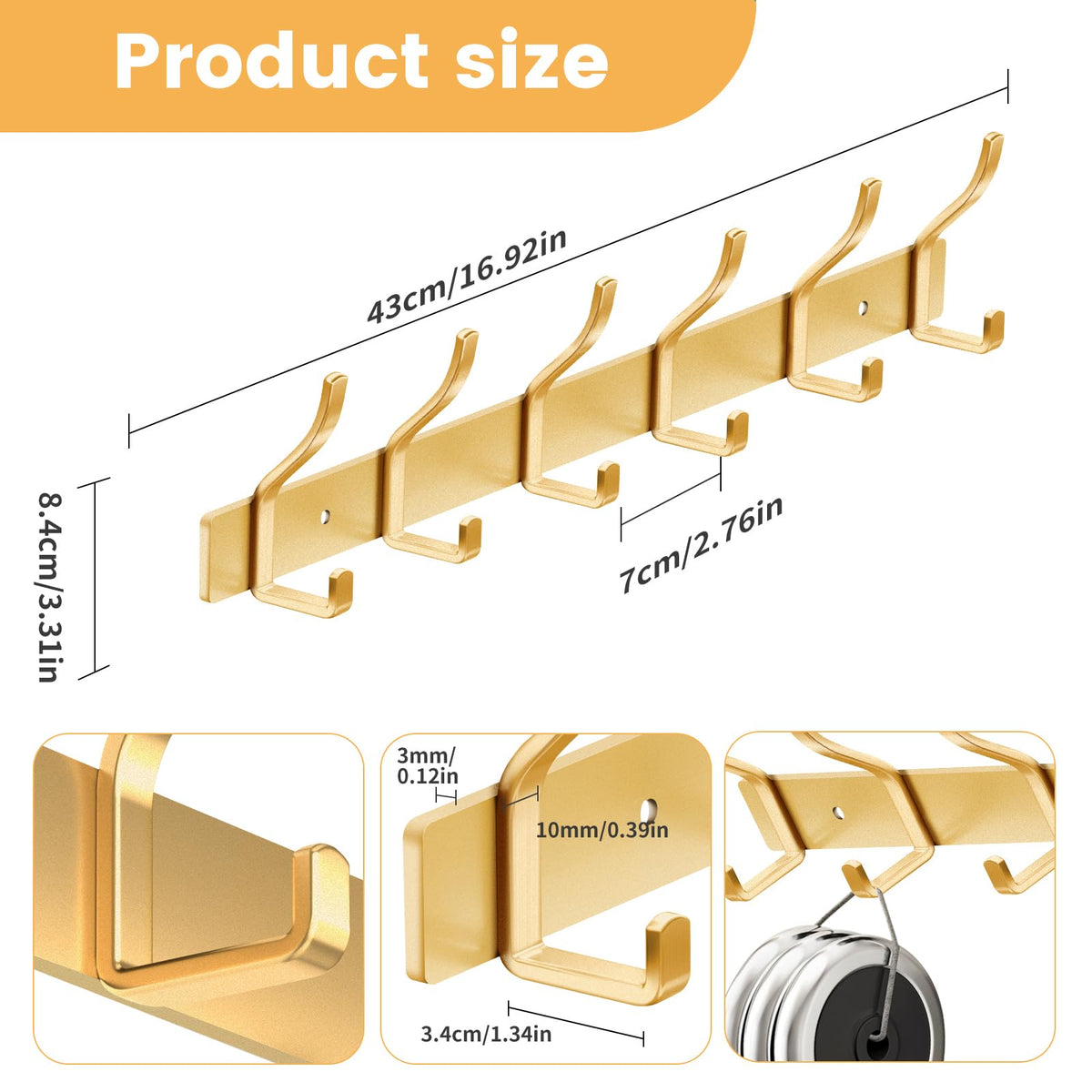 MEIJO Coat Hooks Wall Mounted Stainless Steel, Gold Coat Rack Wall Mounted with 8 Hooks Heavy Duty Coat Hooks for Door, Bathroom, Bedroom, Kitchen