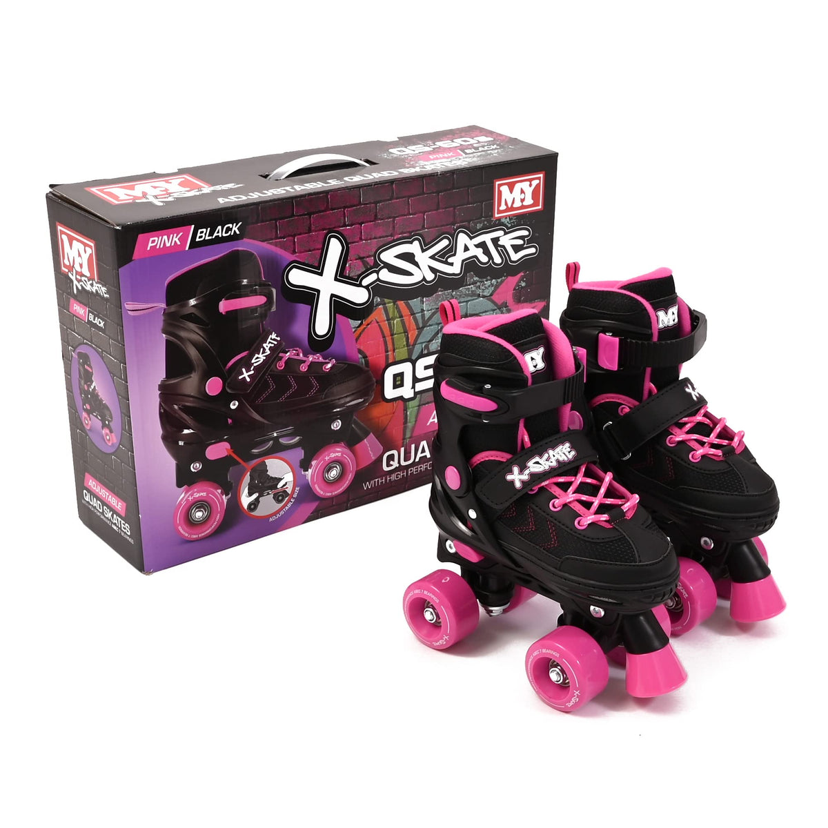 M.Y X-Skate Adjustable Pink Quad Roller Skates with Built In Adjusters Kids Roller Boots for Boys & Girls - Small