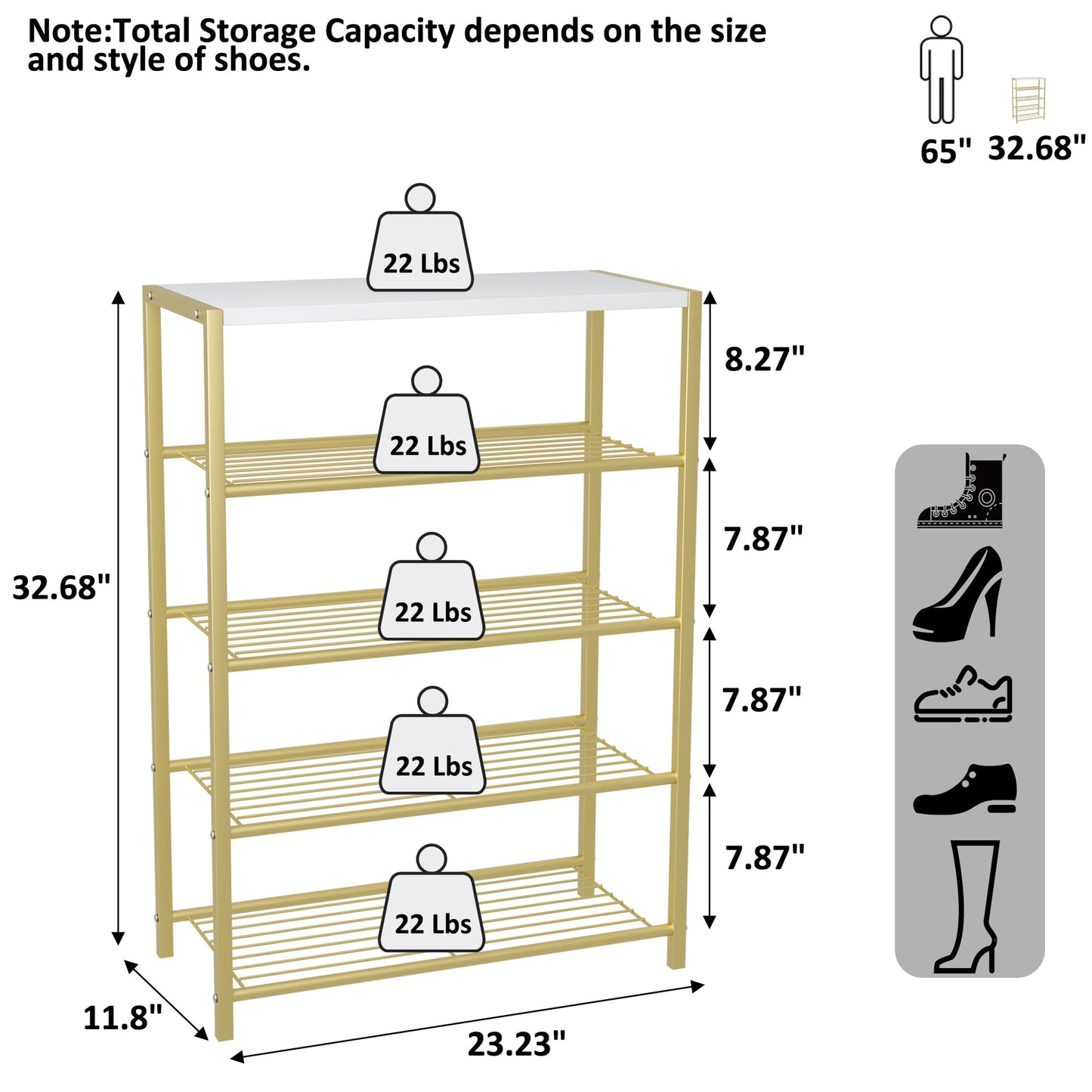 HOME BI 5-Tier Shoe Rack, Metal Shoe Storage Organizer, Modern Shoe Stand, Durable Shoe Shelf for Closet, Hallway, Entryway, Living Room,Gold
