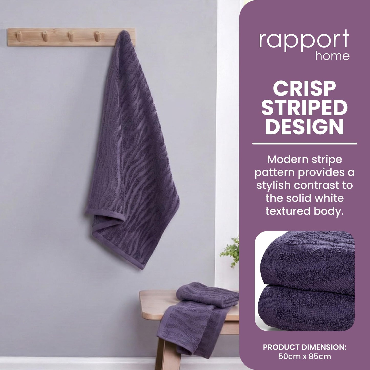 Rapport Home 2-Pack Safari Hand Towels | Damson | 50x85cm 100% Cotton 500GSM | Absorbent & Soft Bathroom Towel Set | Oeko-Tex Certified