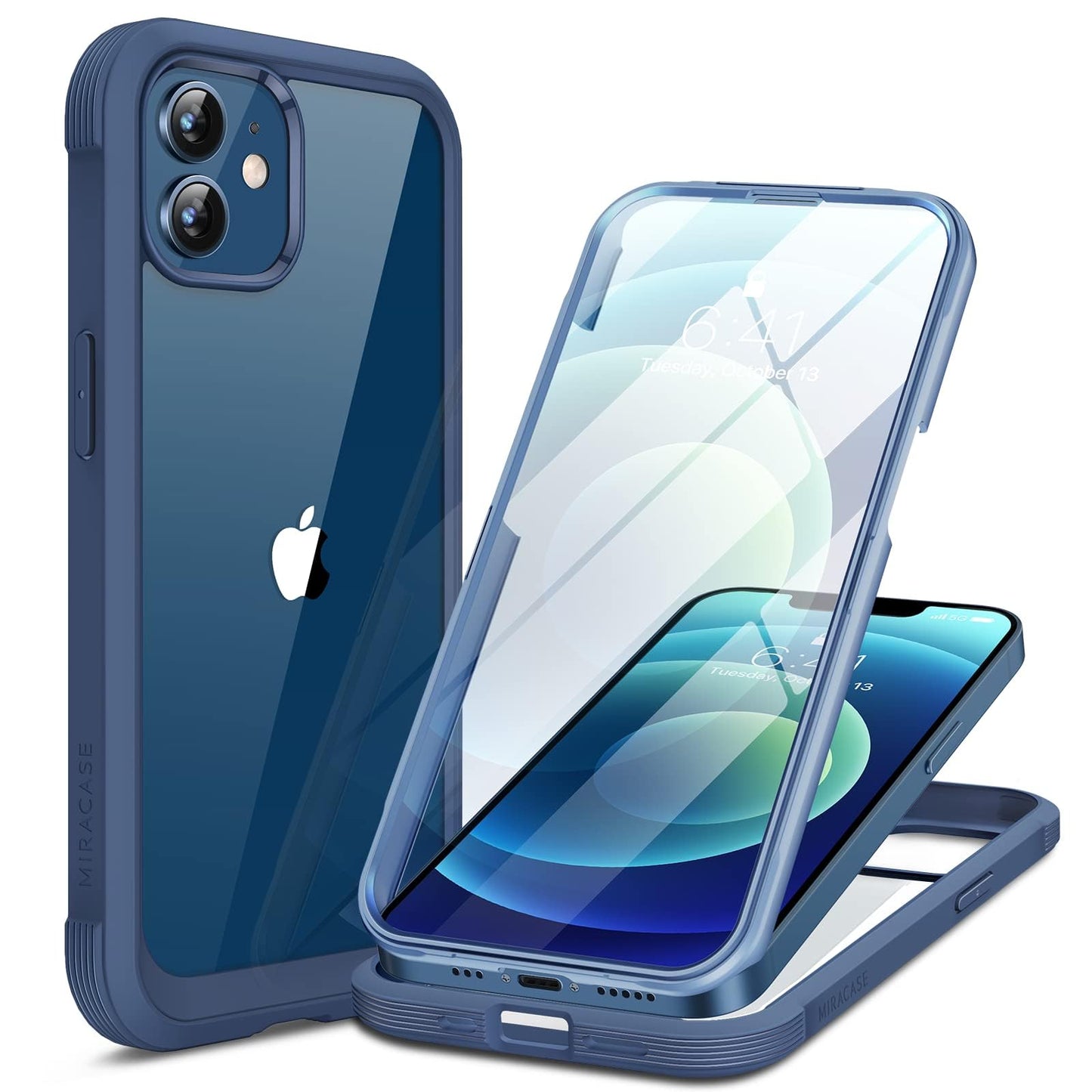 Miracase Compatible with iPhone 12/12 Pro Case 6.1 inch, [Built-in Glass Screen Protector] Full Body Rubber Bumper Case Cover (Dark Blue)
