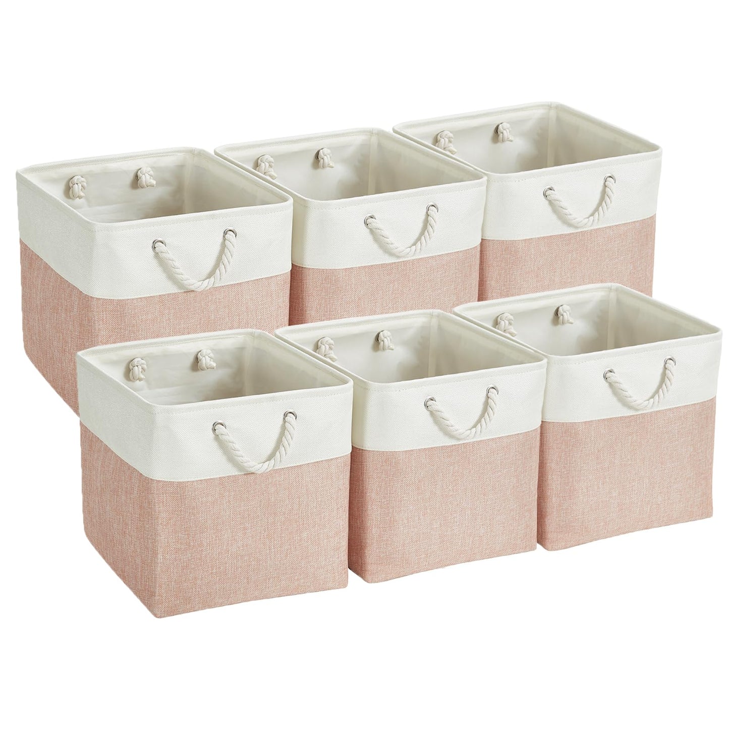 Mangata Canvas Storage Boxes, 33cm Cube Storage Bins Set of 6, Fabric Baskets with Cotton Rope Handle for Organizing Clothes Nursery Home (Pink/White)