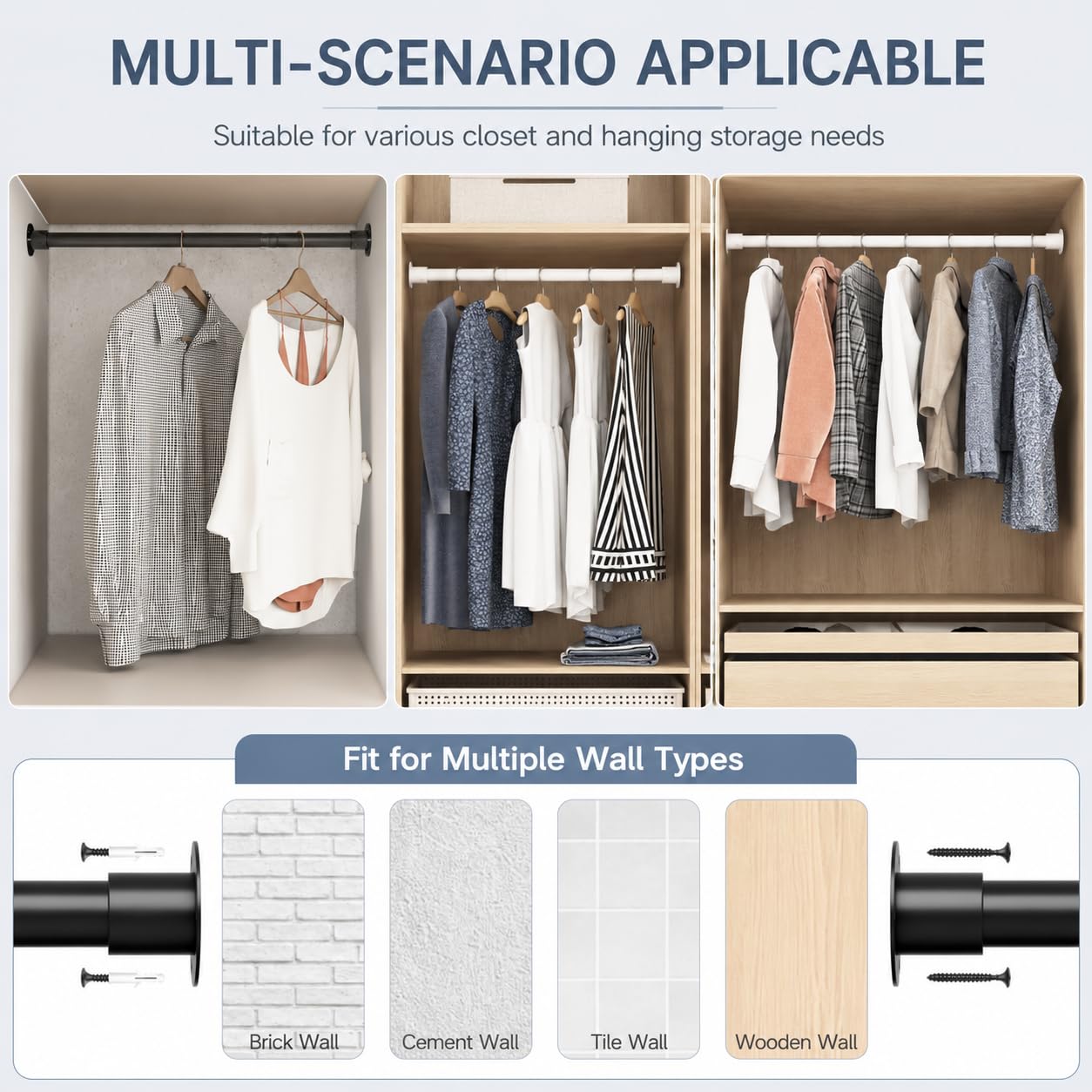 Wardrobe Rail to Hang Clothes, Wardrobe Pole Extendable Clothes Rail for Clothes, Bedroom,Windows and Showers, 68-110CM/Diameter 32MM，White