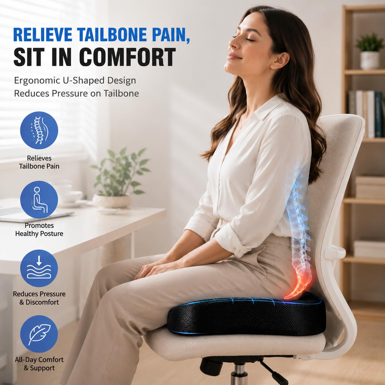 Wonder Care Orthopedic Coccyx Cusion | High Density Memory Foam for Back Pain, Sciatica, Tailbone Relief (Mesh Cover, 70Kg)