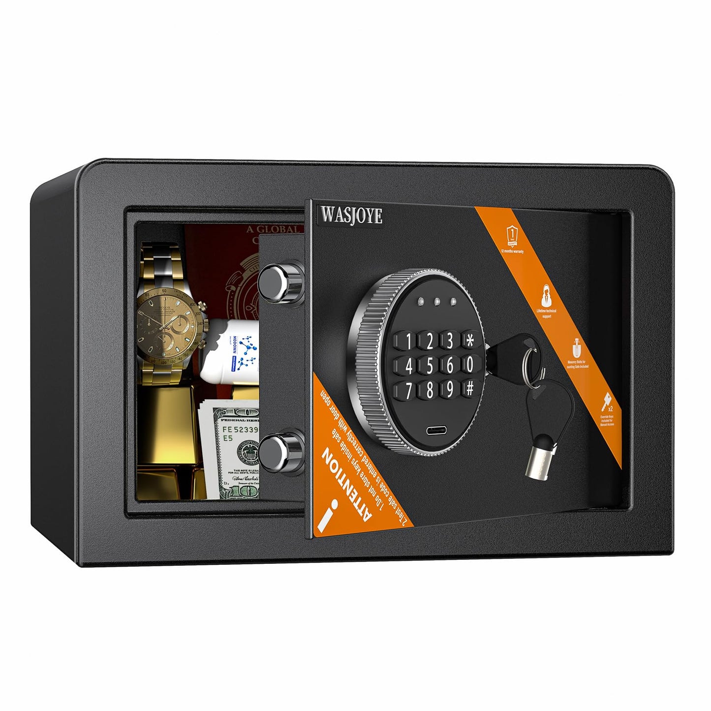 WASJOYE Security Safe box Digital Deposit Box for Home, Small Hidden Safes with Keys, Lock Box for Home Business Office Money Gun Jewelry Passport,