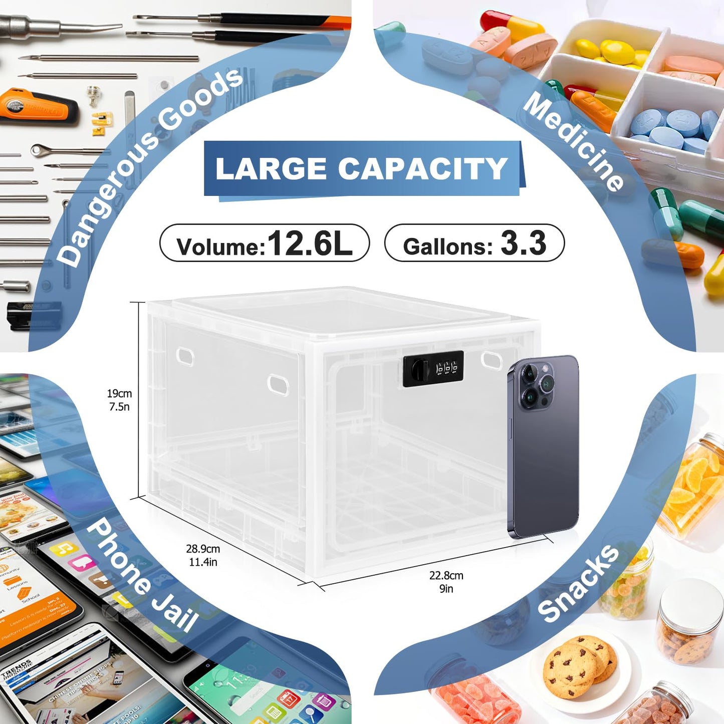 Gemaxvoled Lockable Medicine Box, 12.6L BPA-Free Lockable Storage Box for Child Safety