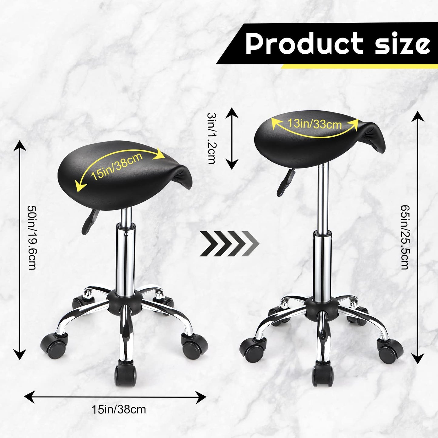 FNZIR Saddle Rolling Stool with Wheels PU Leather Height Adjustable Swivel Stools Chair Black