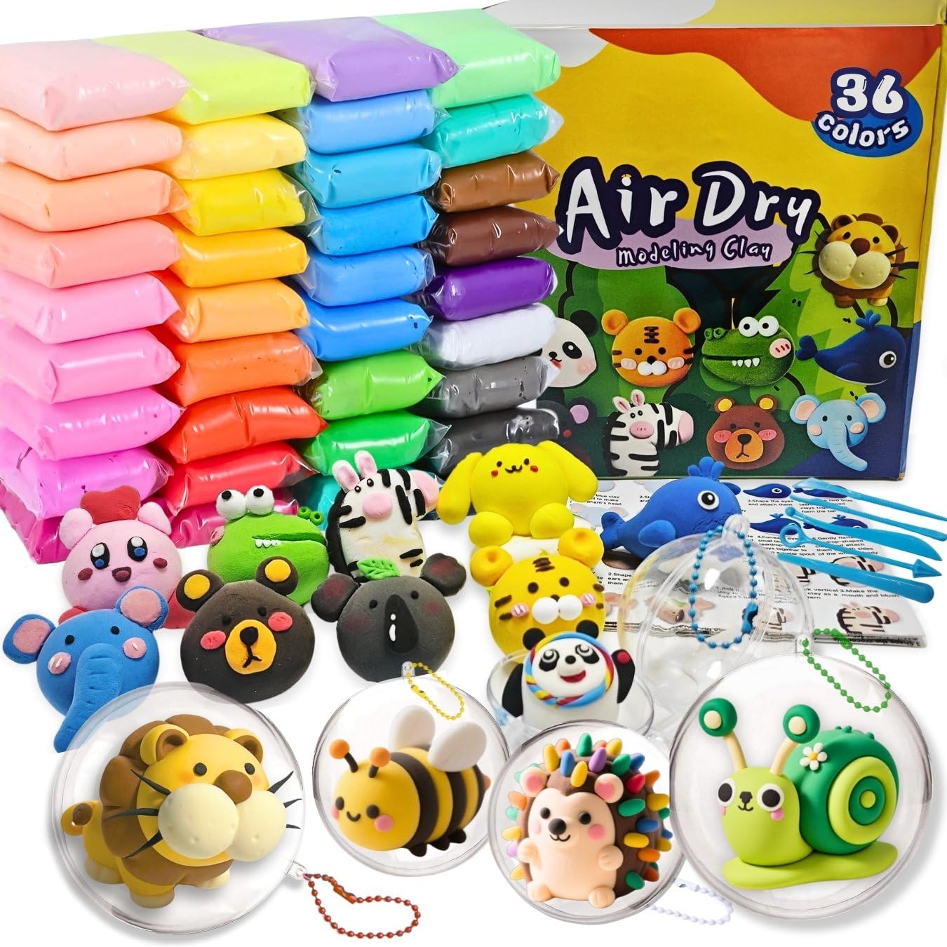 Air Dry Clay Kit,36 Colors Plasticine with 5 Pcs Tools,6 Fillable Balls,Ball Chains,6 Sealable Bags and Tutorials,Plasticine Modelling Clay,DIY