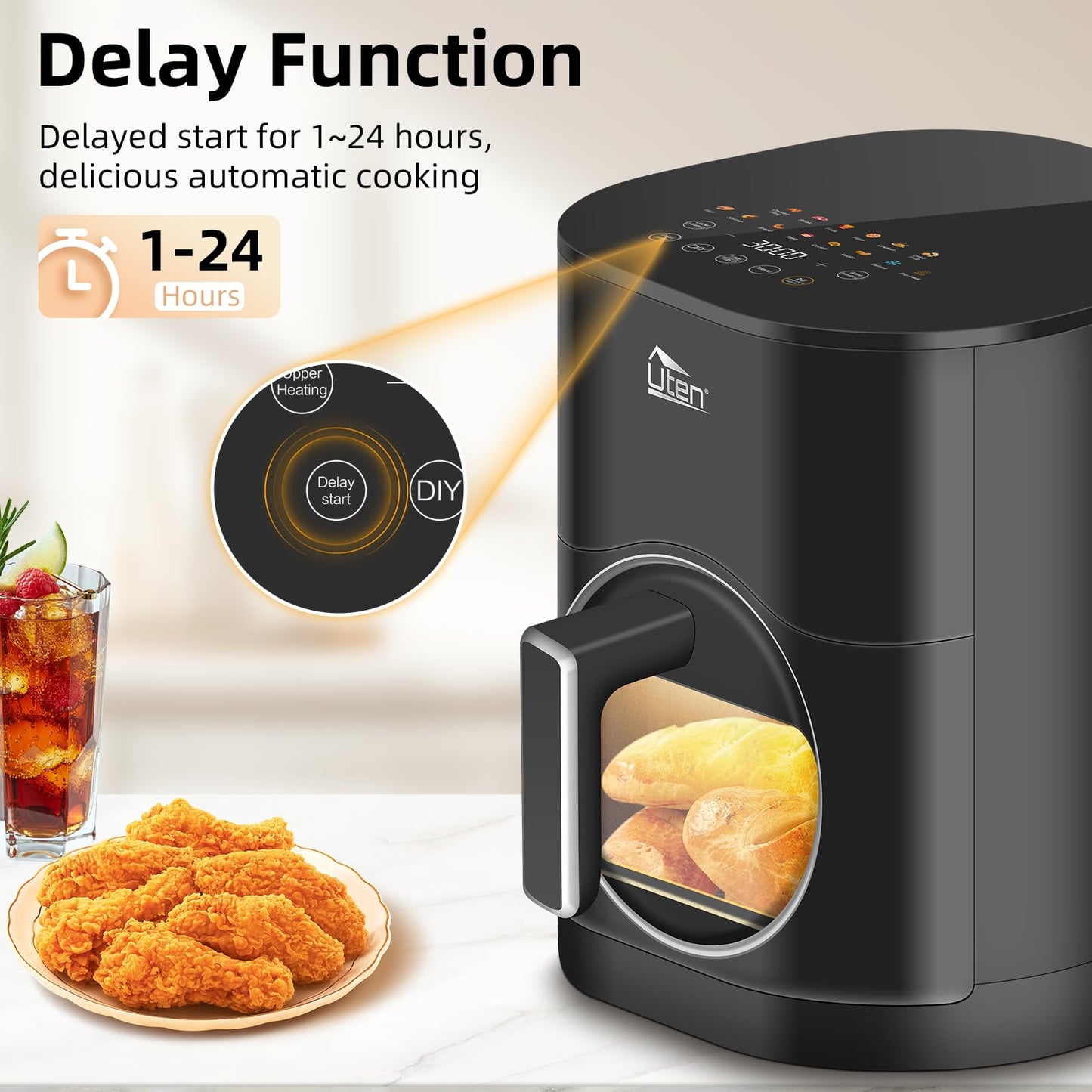 Uten Dual Blaze Air Fryer 5.5L Visual Window, Color Screen, 14 Pre Menus, Delayed Start, Stainless Oil Net, 2 Fast Heaters Independently Controllable,