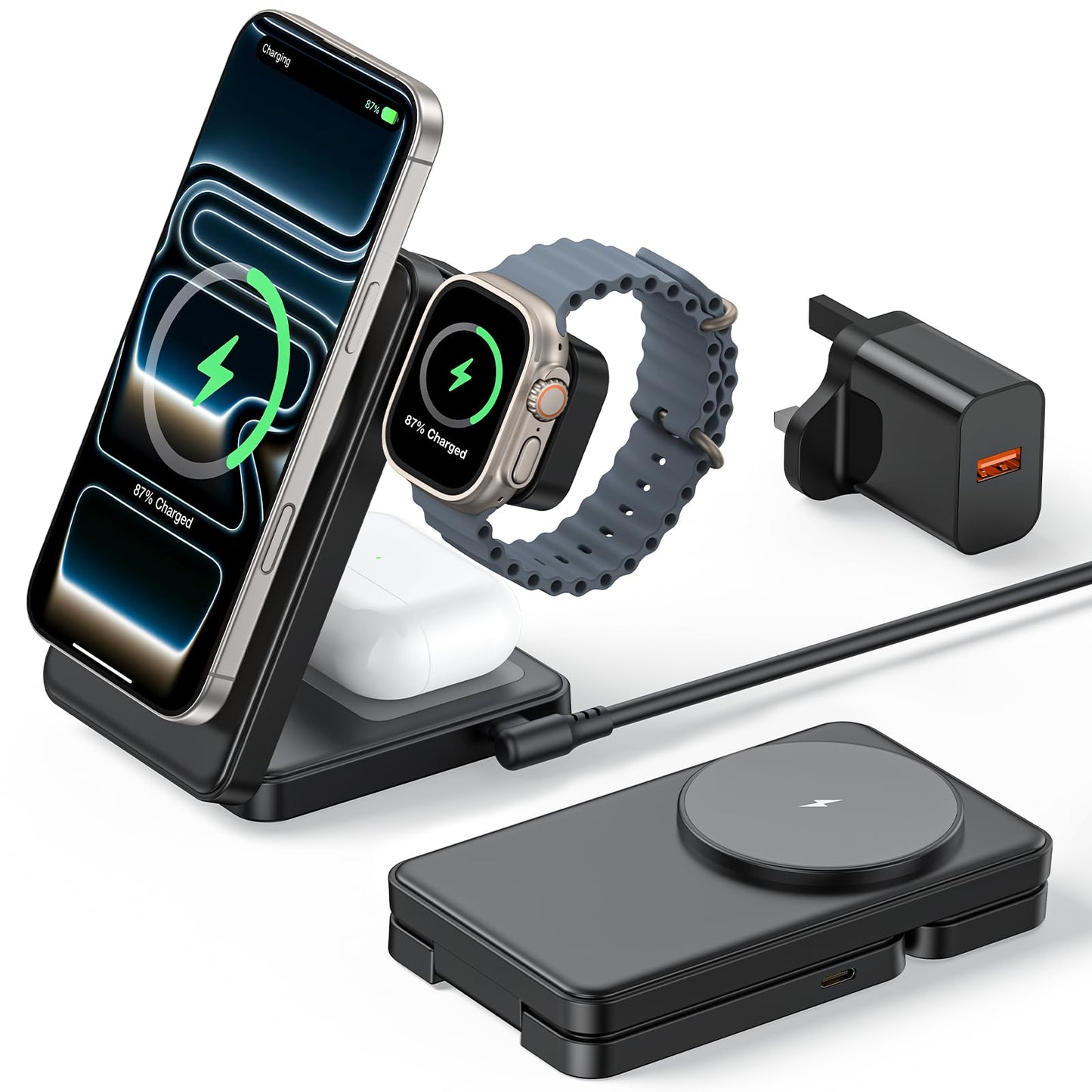 3 in 1 Magnetic Charging Station, 15W Fast Wireless Charger Compatible with MagSafe Charger Stand for iPhone 17 16 15 14 13 12, Apple Watch Charger &
