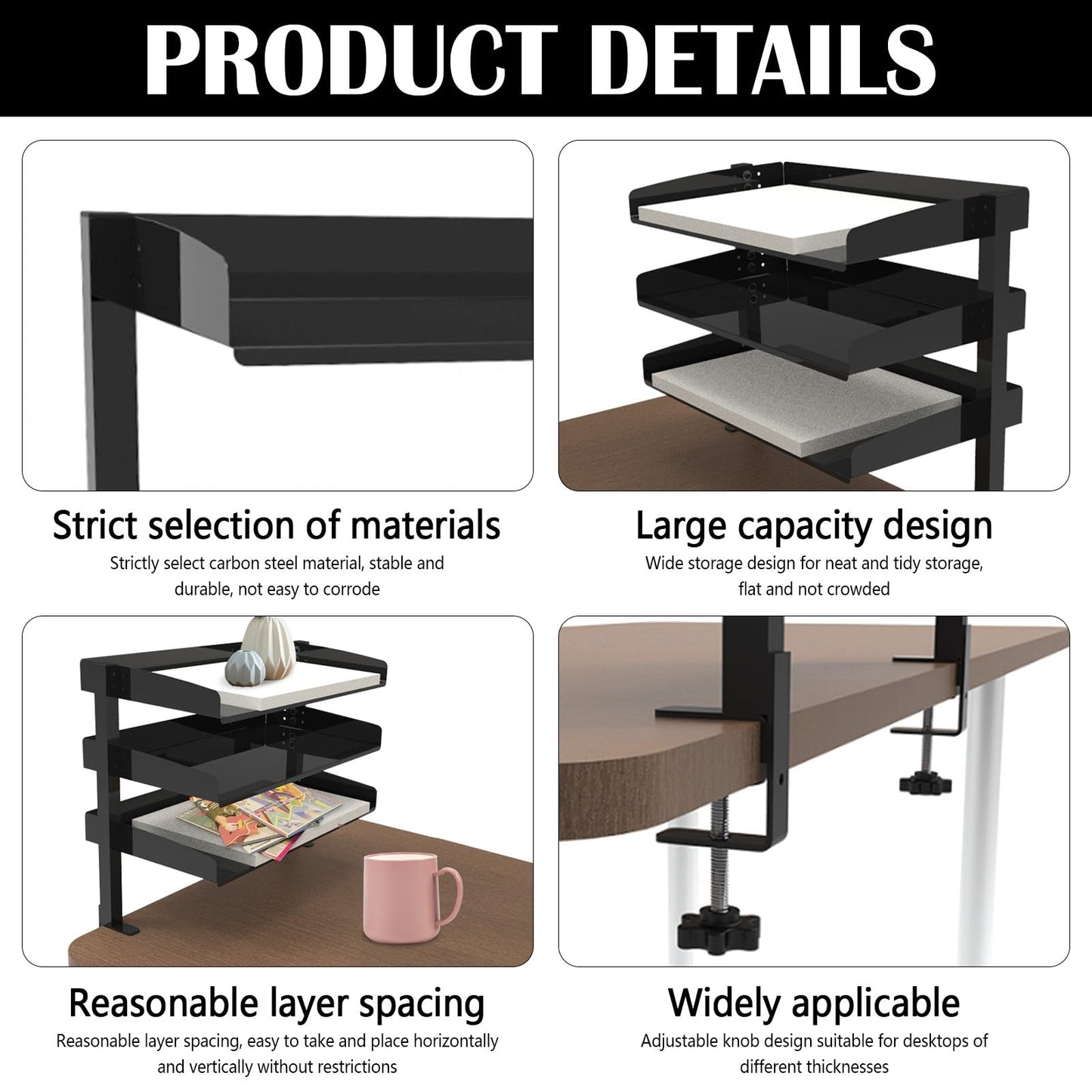 Ysislybin Desk Shelf, Clampable Desk Organizer Shelf, 3-Tier Clip-On Table Frame, Black Storage Rack, Table Top Rack for Home, Office And School