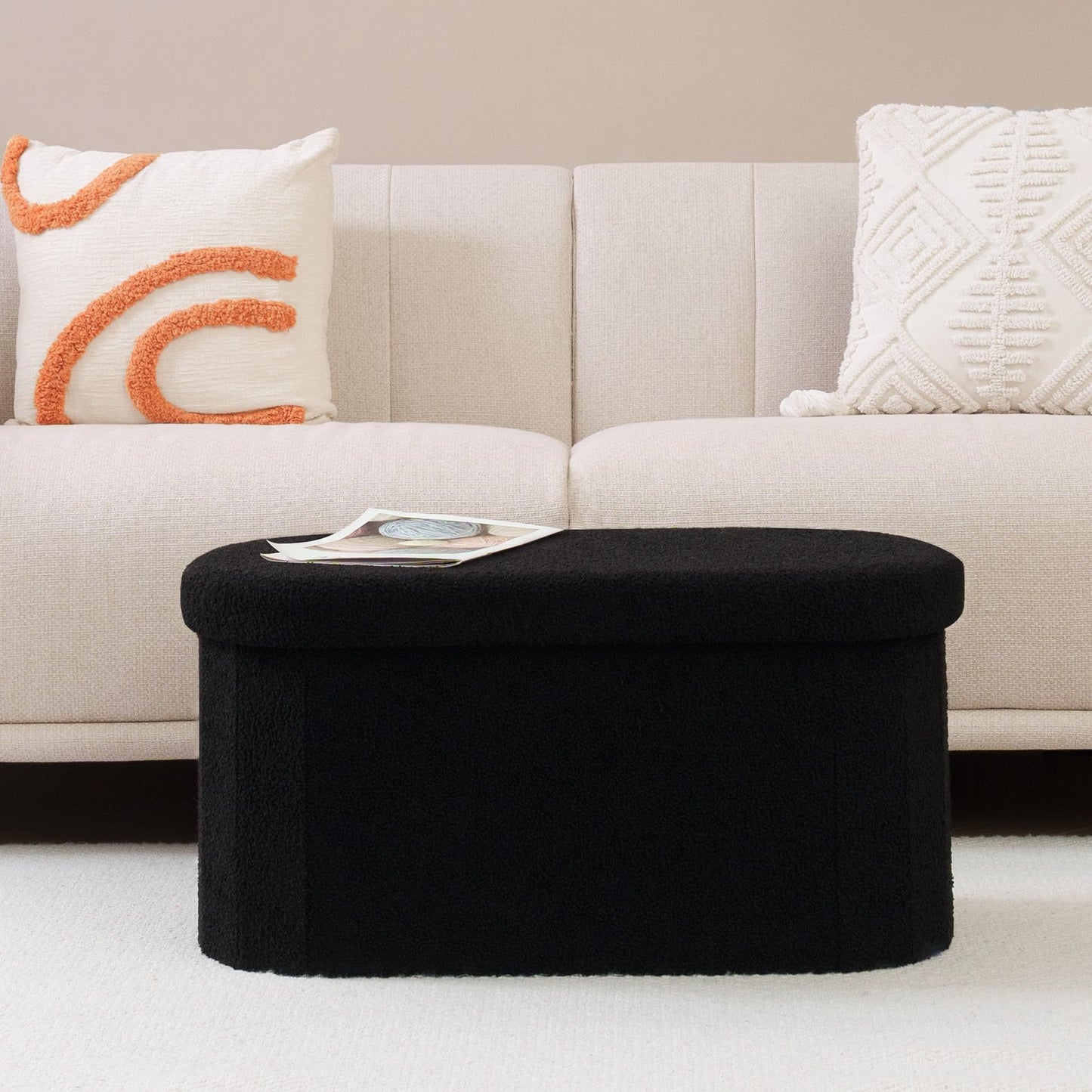 Bonlife Folding Ottoman Storage Bench,Boucle Footstool Oval, End of Bed Stool, Ideal for Living Room, Bedroom,76x38x38cm,Black