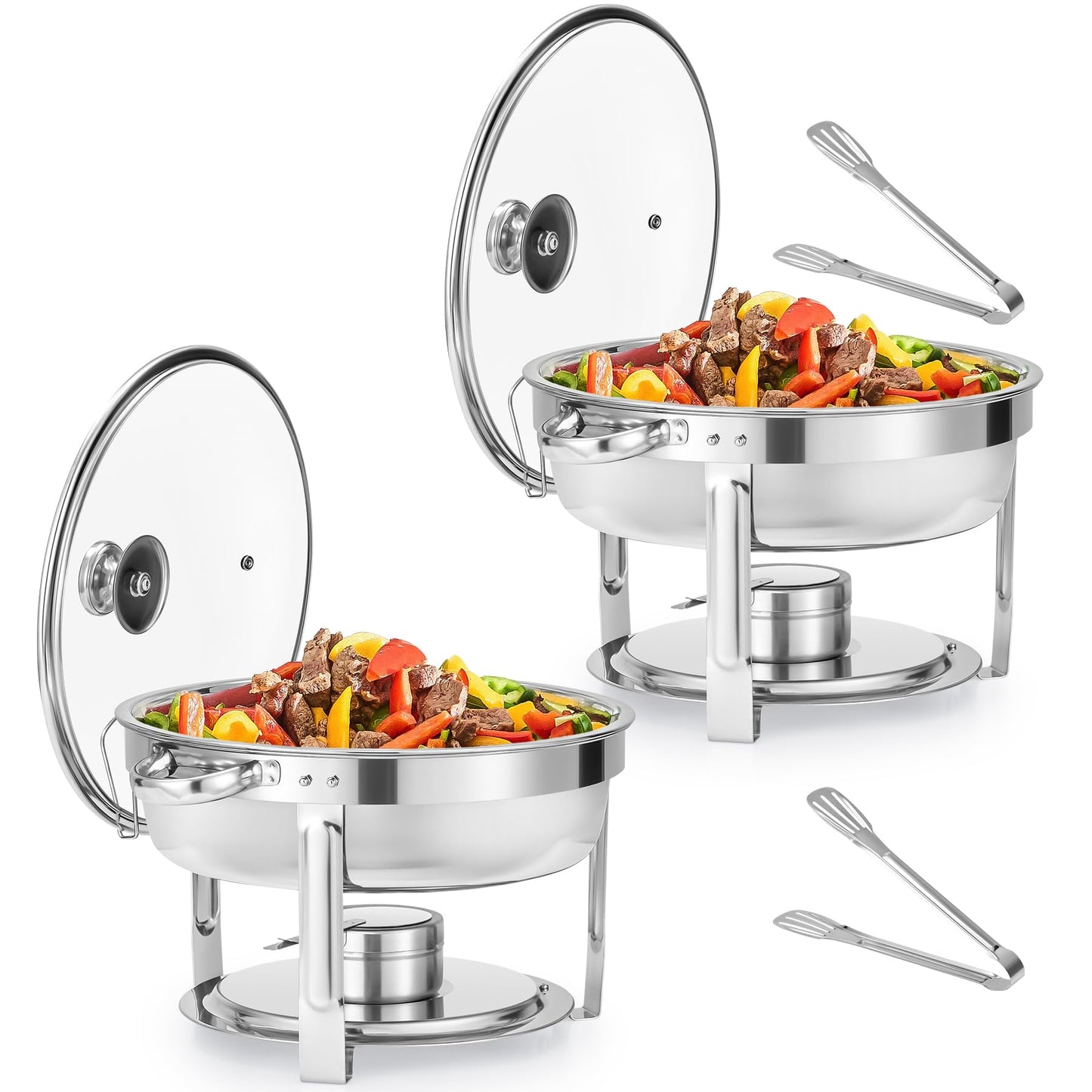 WILPREP Chafing Dish Buffet Set, 2 Pack 5.5L Round Chafers for Catering with Glass Lid & Lid Holder Water Food Pan, Stainless Steel Food Warmers