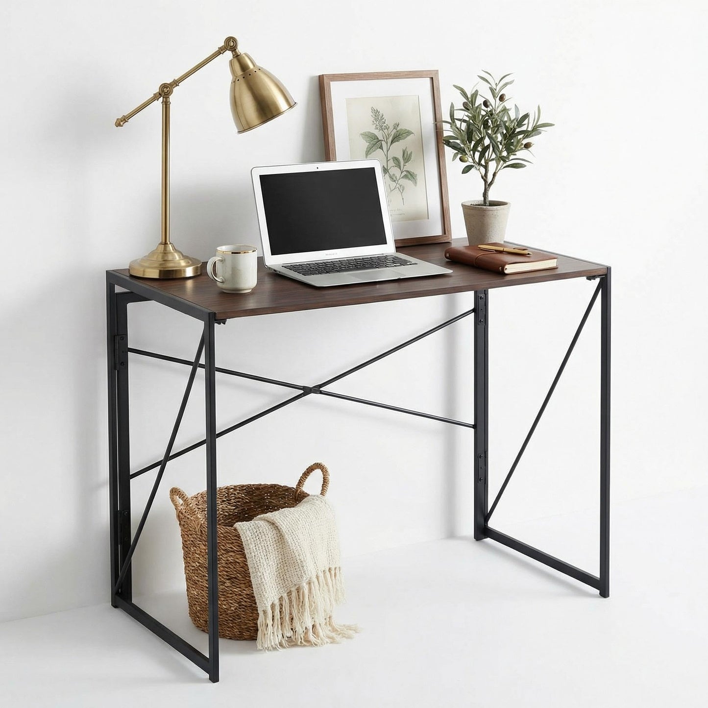 FurnitureR Folding Computer Desk,Industrial Style MDF Table Top Black Metal Frame,Space Saving For Small Apartment