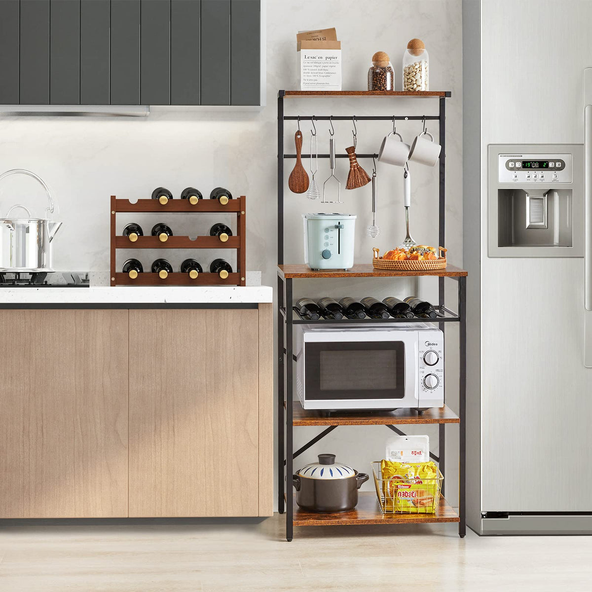YMYNY Kitchen Baker's Rack, Microwave Oven Stand with Storage Shelves, Industrial Coffee Bar Station, with Adjustable Wine Holders and S-Hooks, Metal