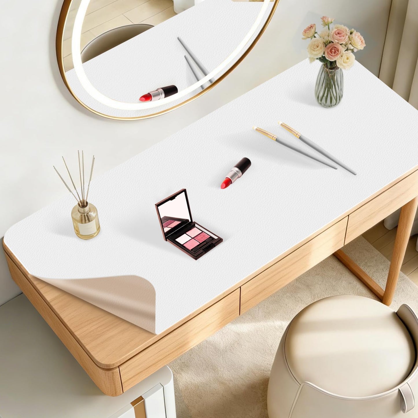 Dressing Table Mat Protector for Makeup Vanity, 60x30cm, White and Khaki