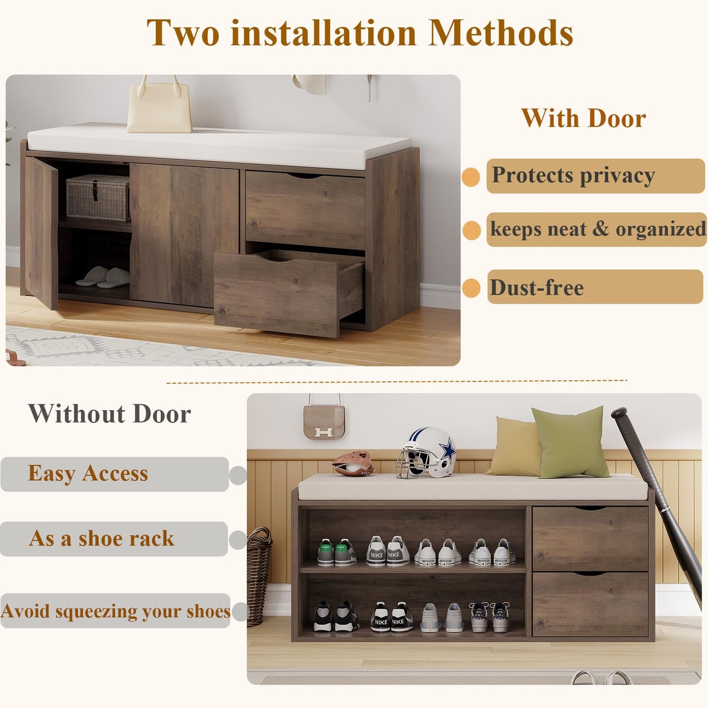 LVB Entryway Bench with Storage, 100 CM Storage Bench with Padded Cushioned Seat, Farmhouse Shoe Bench with 2 Drawers Cabinet Shelf