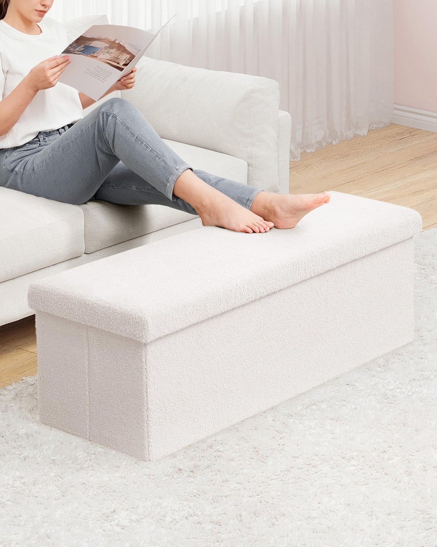 Bonlife Folding Ottoman Storage Bench,Boucle Footstool for Living Room,End of Bed Bench,Sherpa Ottomans Foot Rest,140L Storage Space,White,110x38x38cm