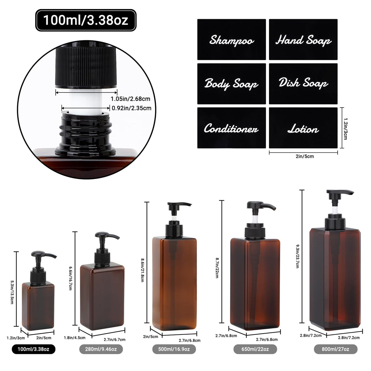 Segus Soap Dispenser, 3 Pieces 100ml Pump Bottle Dispenser with Labels, Empty Shampoo Bottles, for Bathroom, Kitchen(Amber)