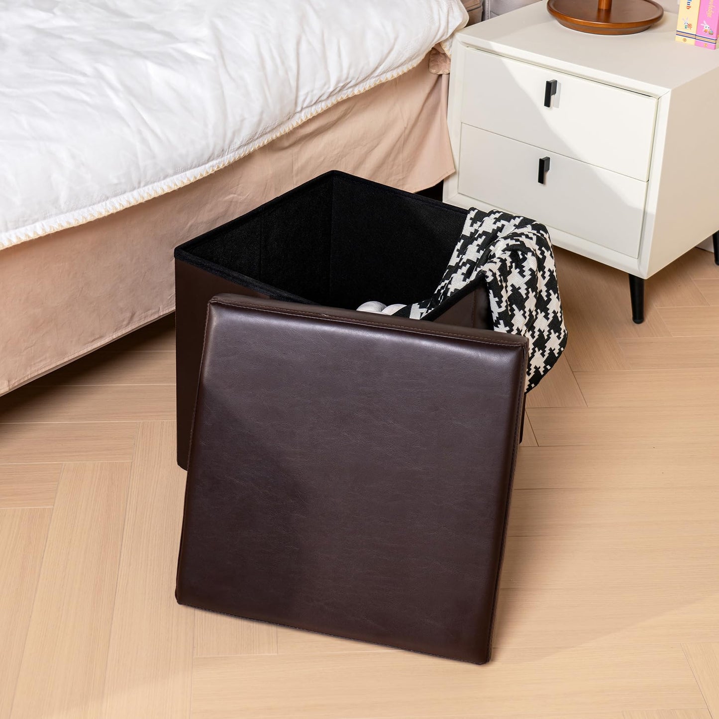 Bonlife Small Ottoman Storage Box with Lid, Foldable Cube Footstool