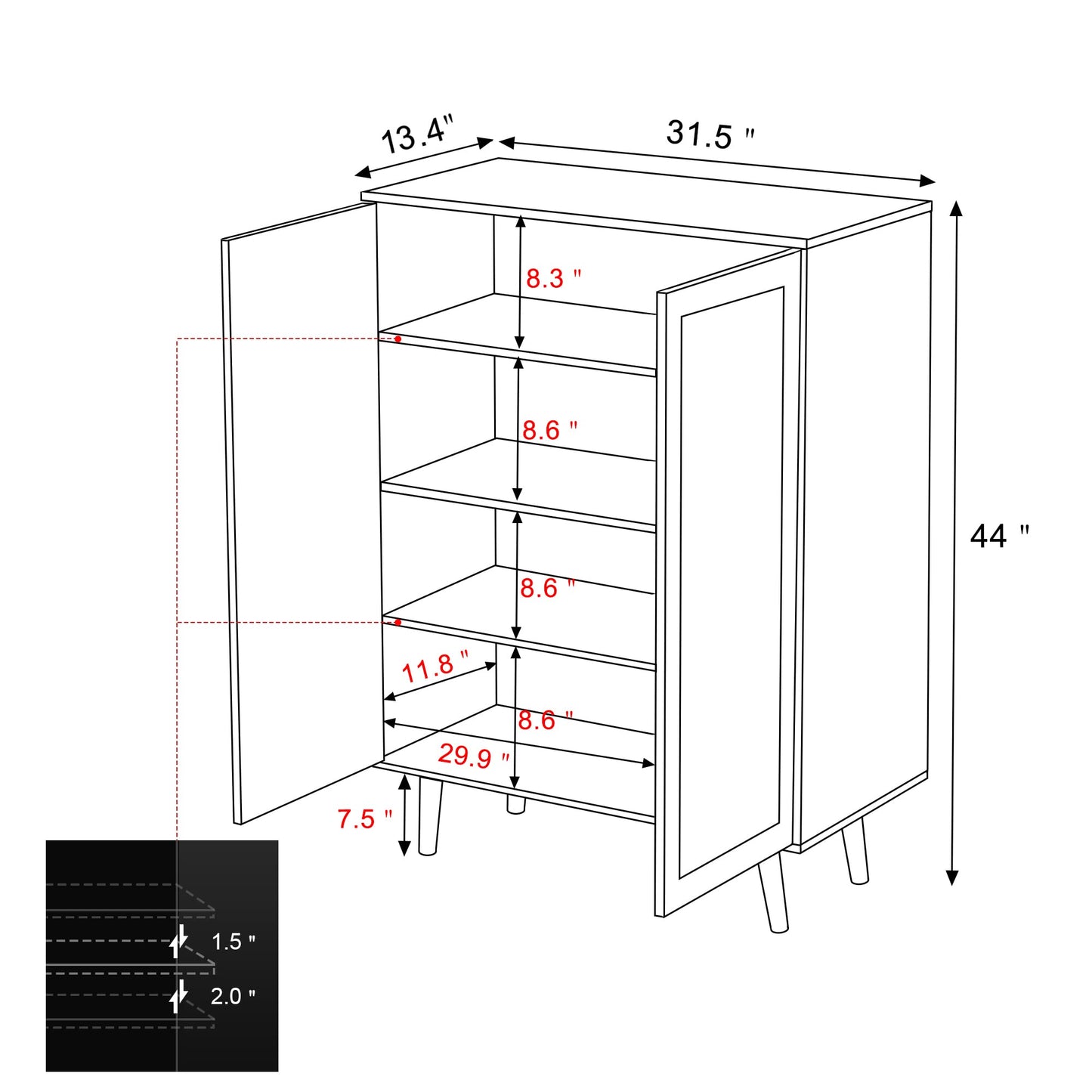 Skokliz Rattan Storage Cabinet with Doors, 44" H Tall Sideboard Storage with Adjustable Shelves