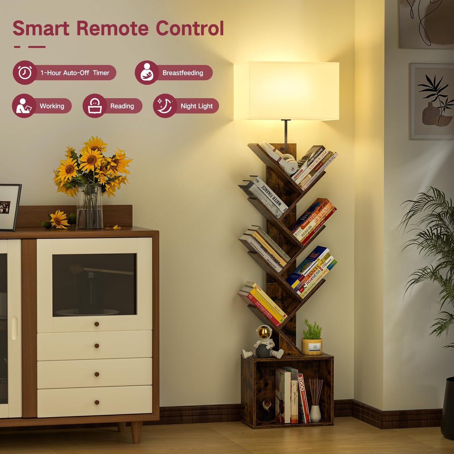 OUTONLIFE 9 Tier Tree Bookshelf with Light and Cabinet, Remote & Timer