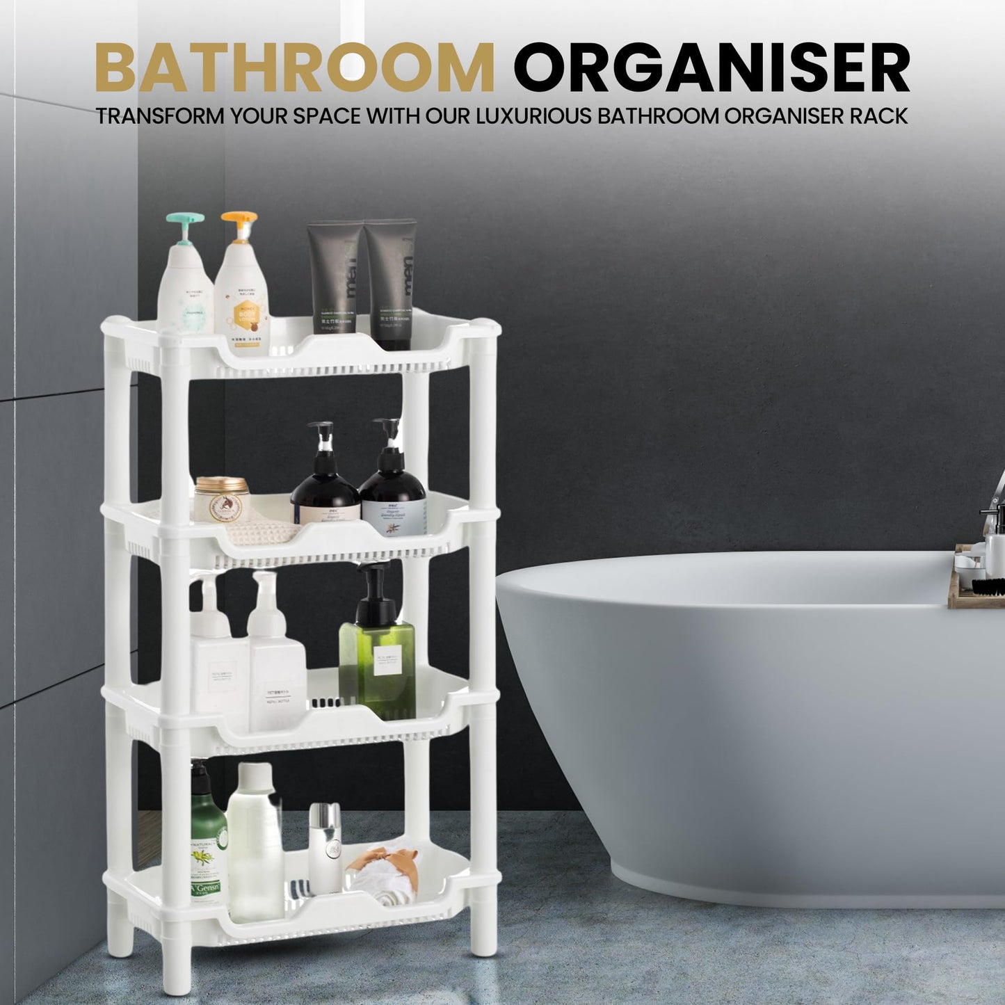 Qualiware 4 Tier Corner Shower Caddy Organiser Standing Shelf Rack Rustproof Corner Shelves for Bathroom Storage, Bath Accessories, Shower Pan