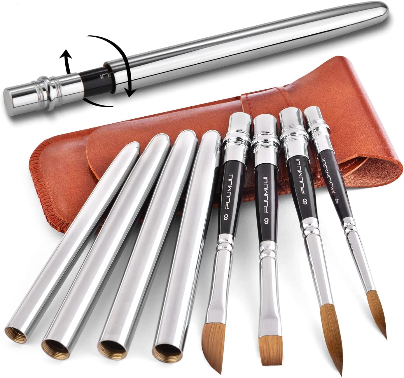Kolinsky Travel Watercolour Brushes Sable Hair Round Watercolour Paint Brush 4Pcs Travel Brushes Set Portable Compact Artist Brushes with Pocket for