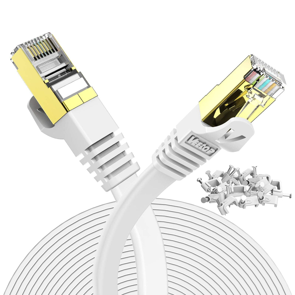 Veetop 20m/65ft Flat CAT7 High Speed 10Gbps RJ45 Cat 7 Ethernet cables LAN Networking Cable with STP Copper Wires Shielded & Gold Plated Connector for