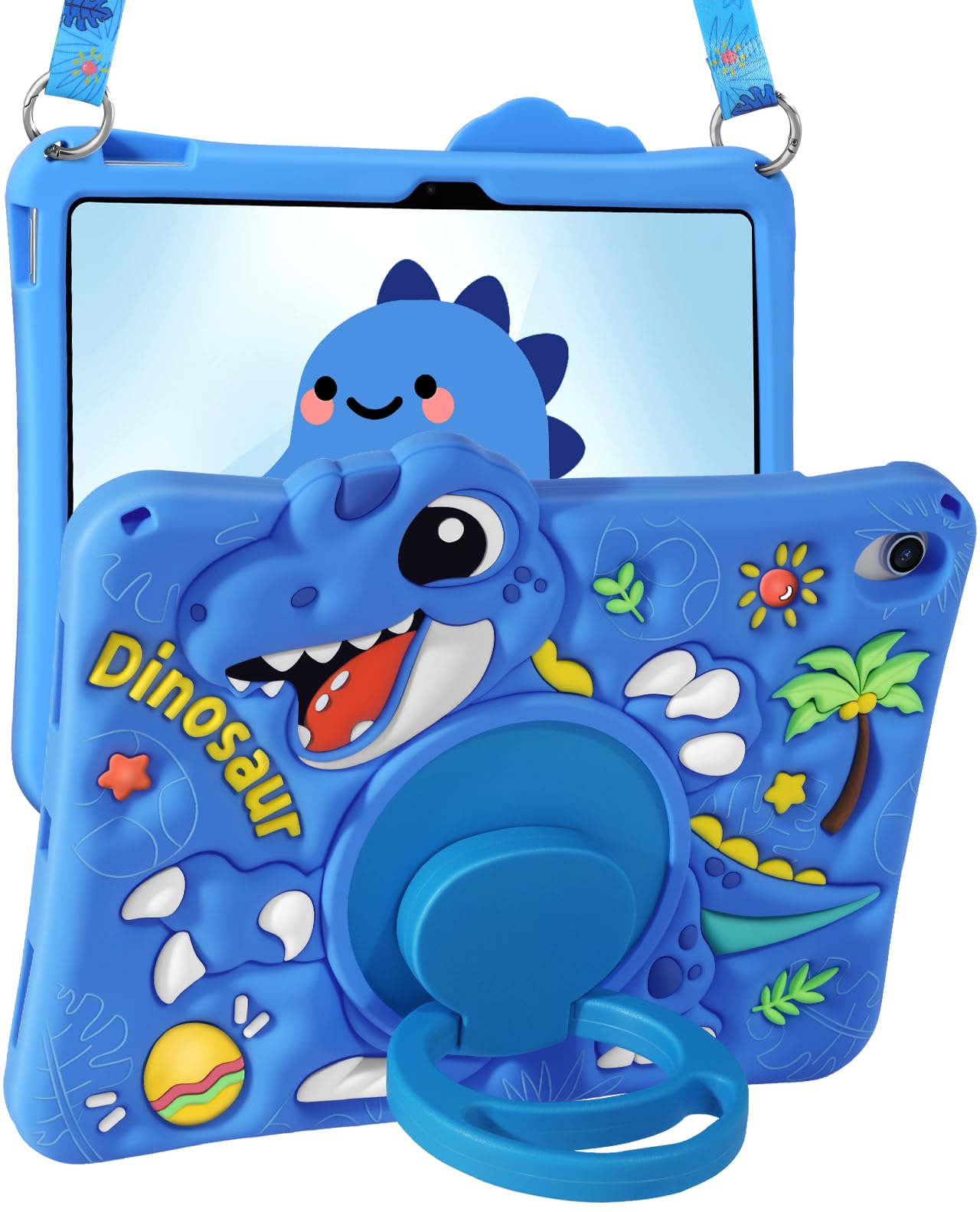 Kokaade for iPad 10th Generation Case - for iPad A16 Case 11 Inch with Shoulder Strap & Rotating Stand, Soft Silicone Cute Cartoon Blue Dinosaur for