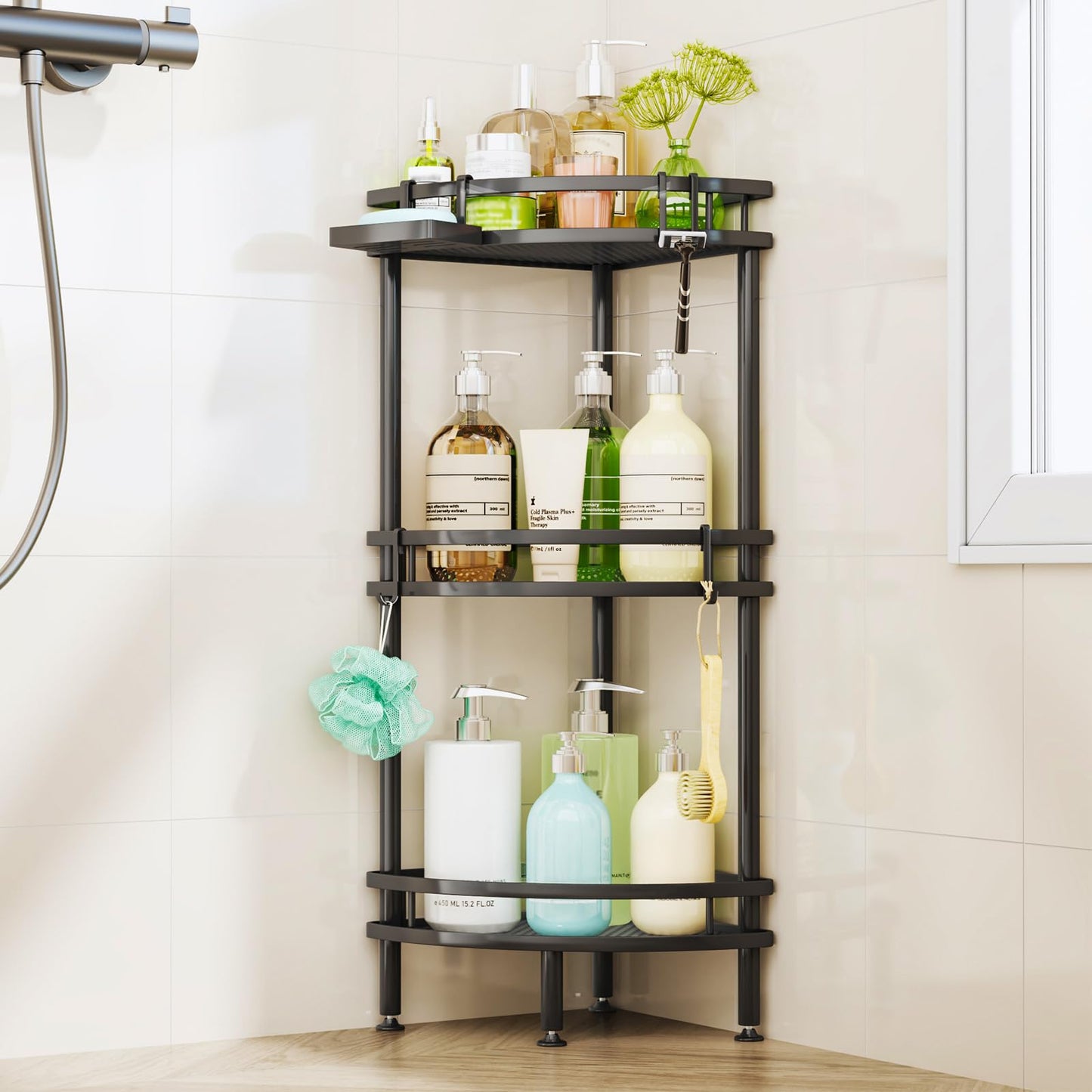 HapiRm Freestanding Shower Caddy Corner- 3-Tier Rustproof Shower Corner Shelves with Soap Tray and 4 Hooks, Space-Saving Bathroom Caddy for Bathroom