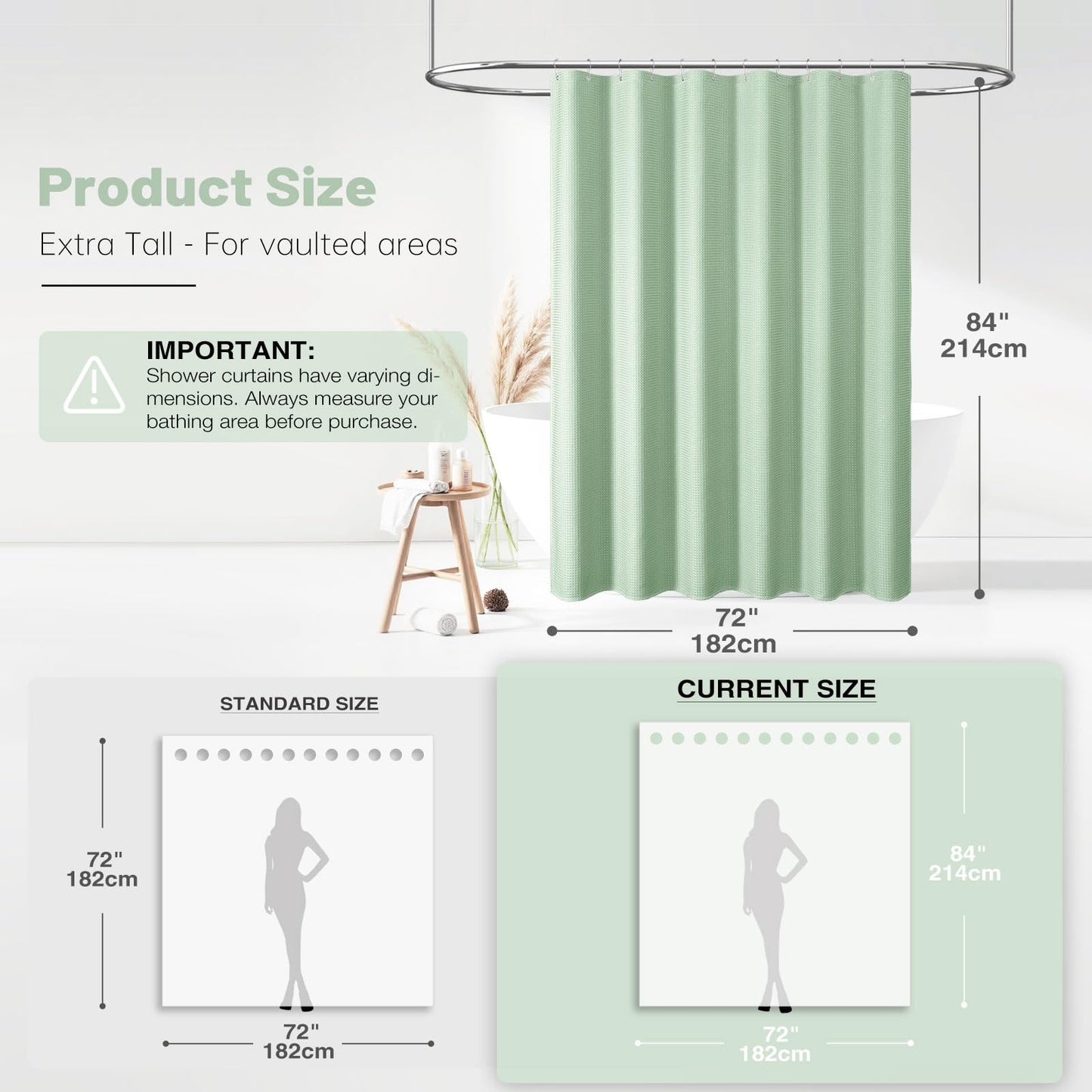BTTN Extra Long Waffle Weighted Shower Curtain, 182x214cm, Mint Green