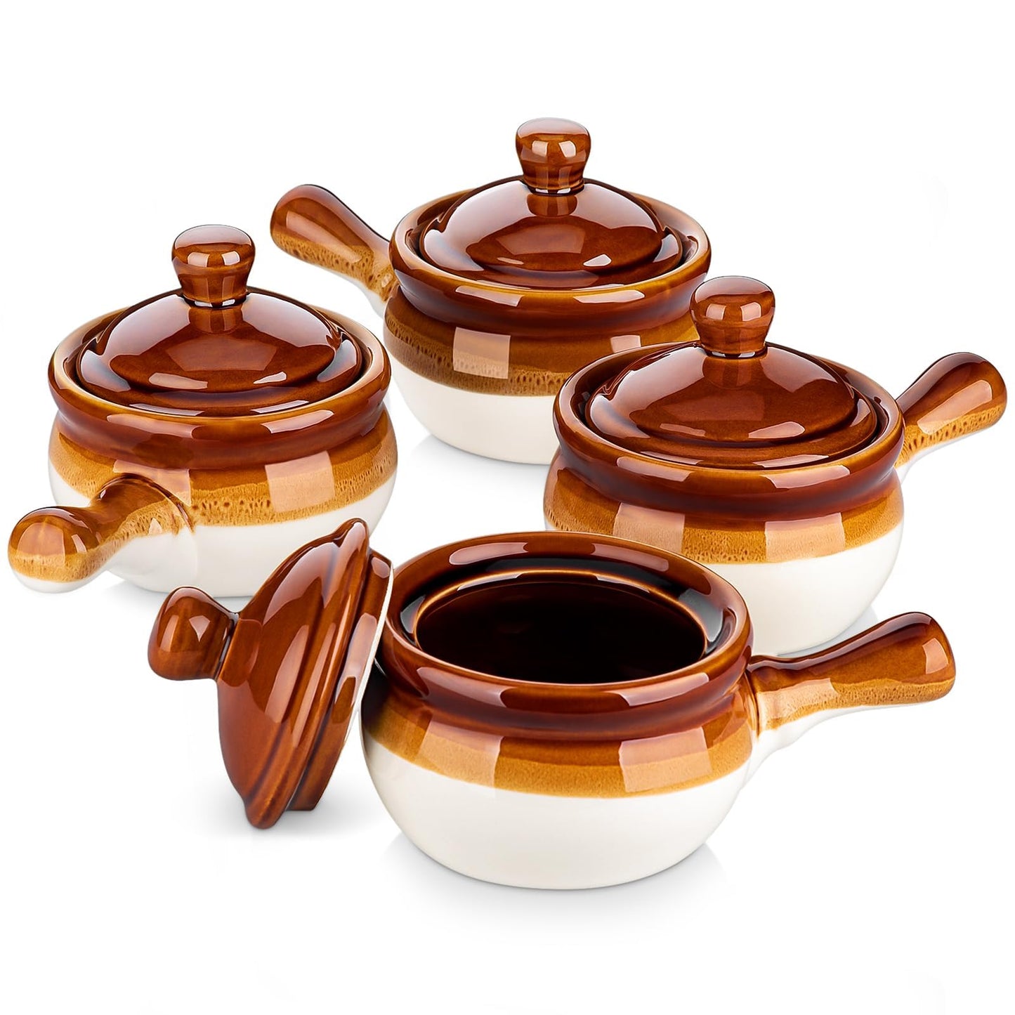 LOVECASA 16 OZ French Onion Soup Crocks with Lid,Porcelain Soup Bowls with Extended Handle,Serving Bowls for Chili, Beef Stew, Cereal, Pot Pies,