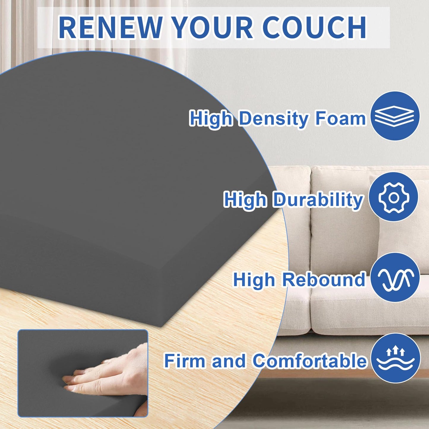 Lanswood Sofa Cushion Support for Sagging Seat 50 x 50cm High-Density Foam