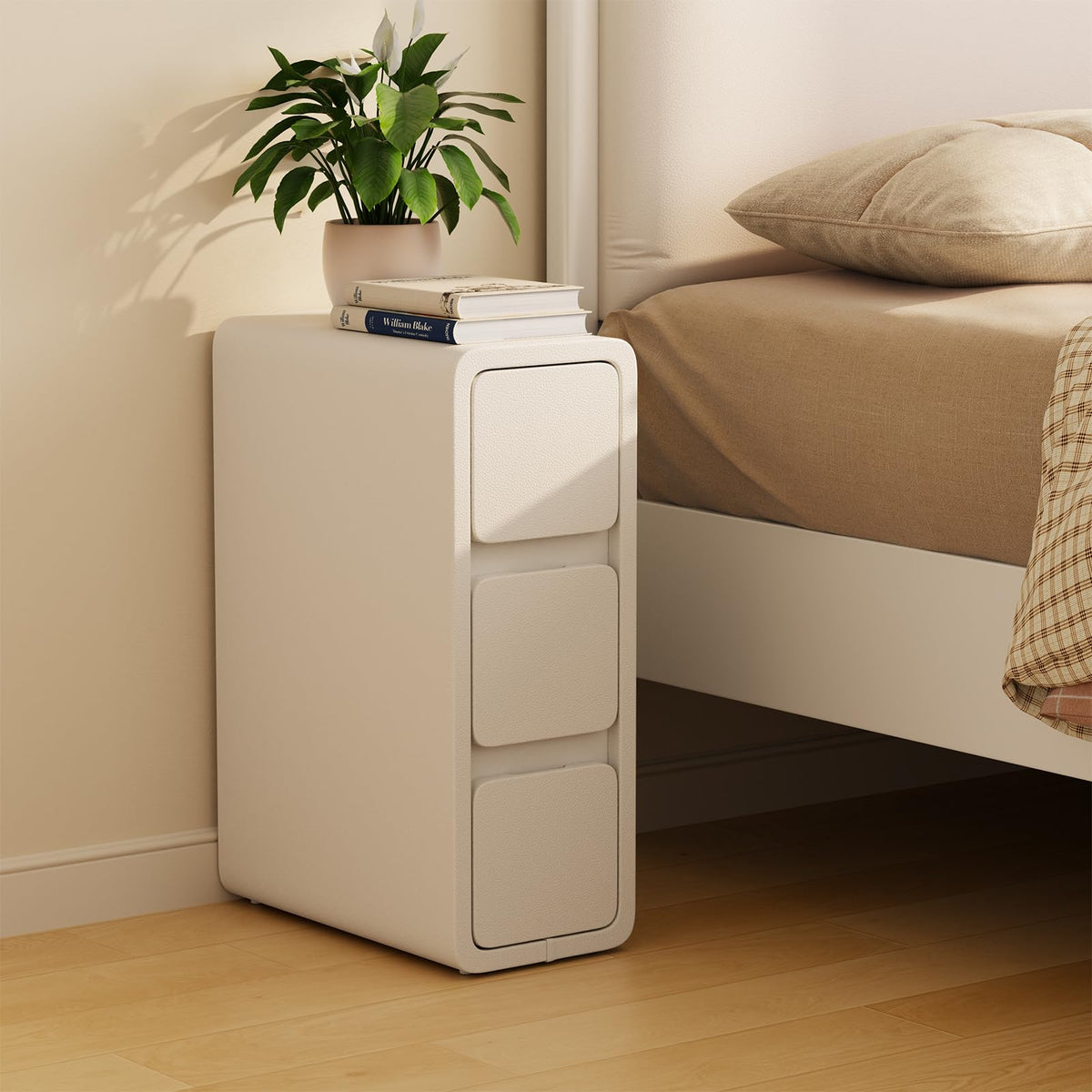 AQIMUELE Small Bedside Table, Narrow Bedside Cabinet with 3 Drawers?Pre-assembled Slim Bedside Table with Leather Surface for Bedroom, 20cm (White)
