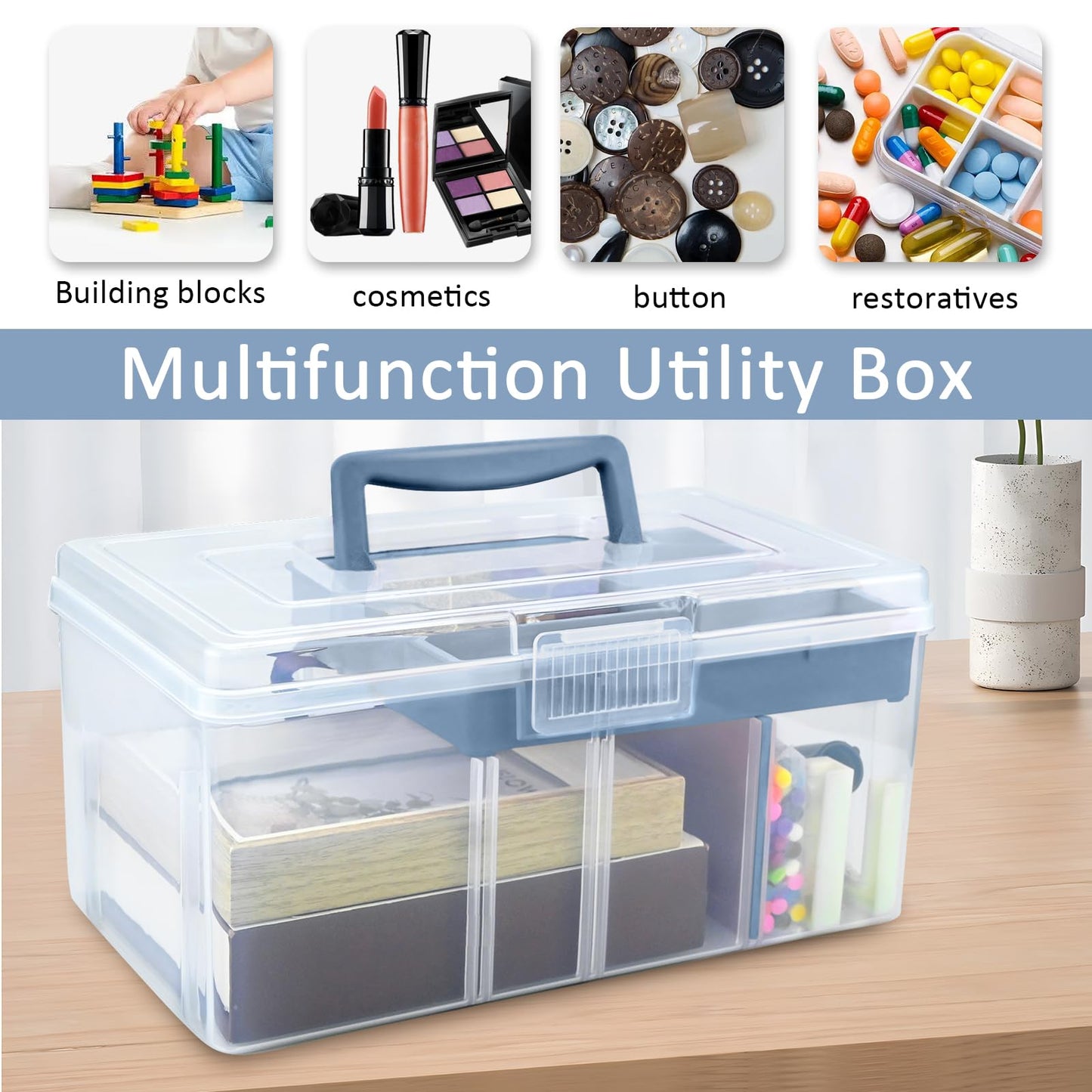 Joyseedi Stackable Clear Storage Craft Box with Lid, Mulit Purpose Storage Boxes with Compartment Tray Plastic