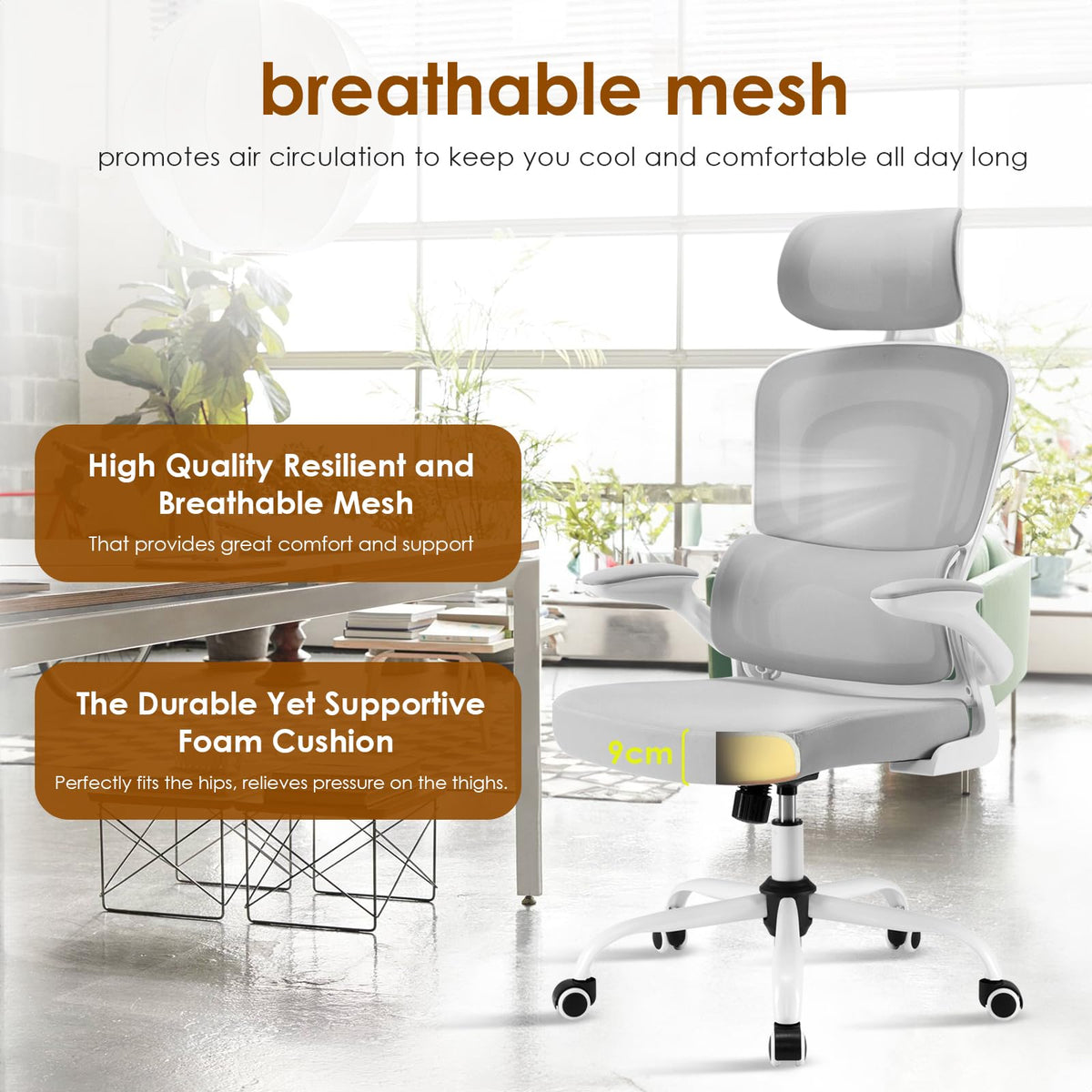 Farini High Back Executive Office Chair - Adjustable Ergonomic Support with Flip-Up Armrests, Swivel Desk Chair in White