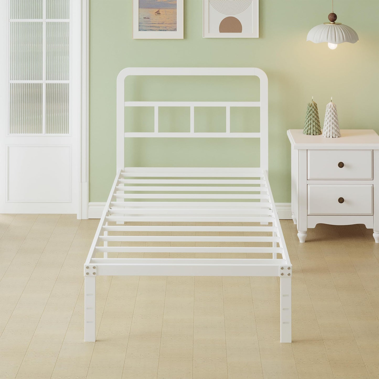 Lutown-Teen Metal Single Bed Frame 3ft with Curved Headboard, 36 cm High, Heavy Duty White Metal Bed Frames Single with Steel Slats, Ample Storage