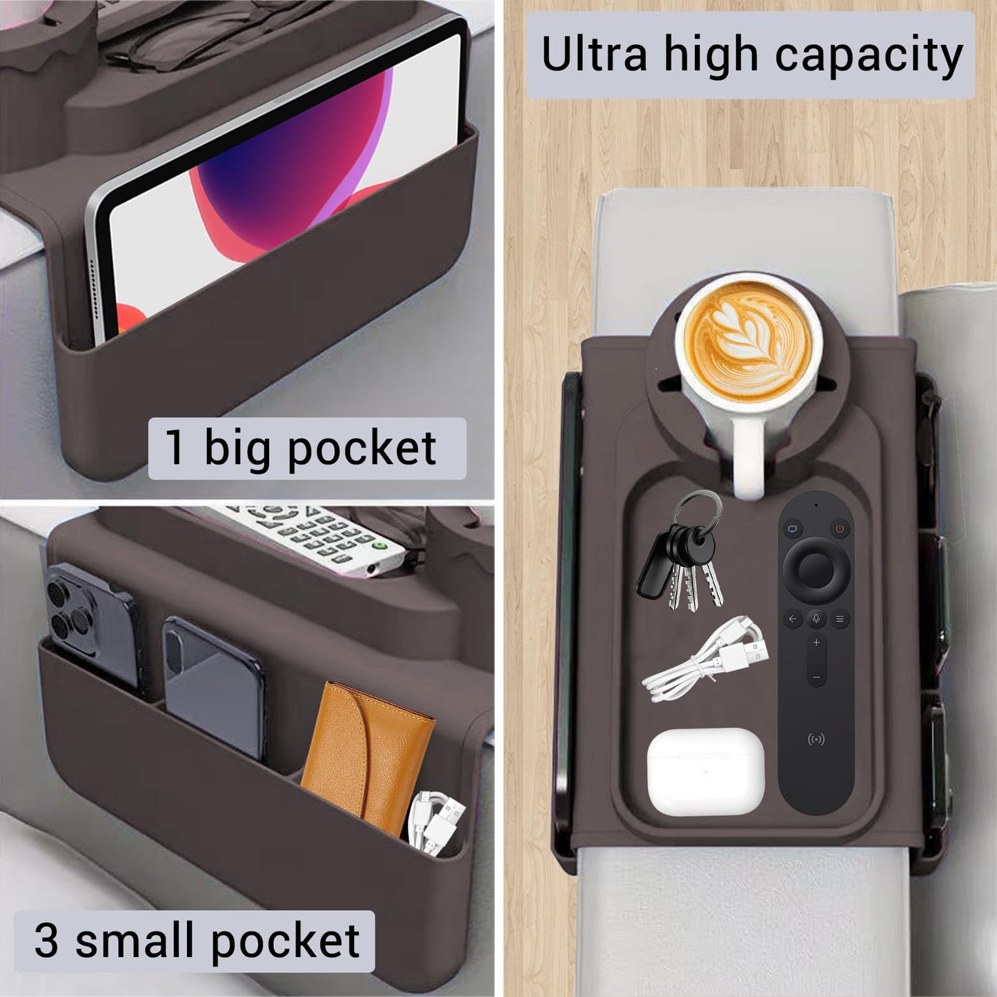 JNCST Sofa Armrest Tray - Silicone Couch Cup Holder with Anti-Slip Base & Multi-Pockets Spill-Proof Sofa Tray for Coffee