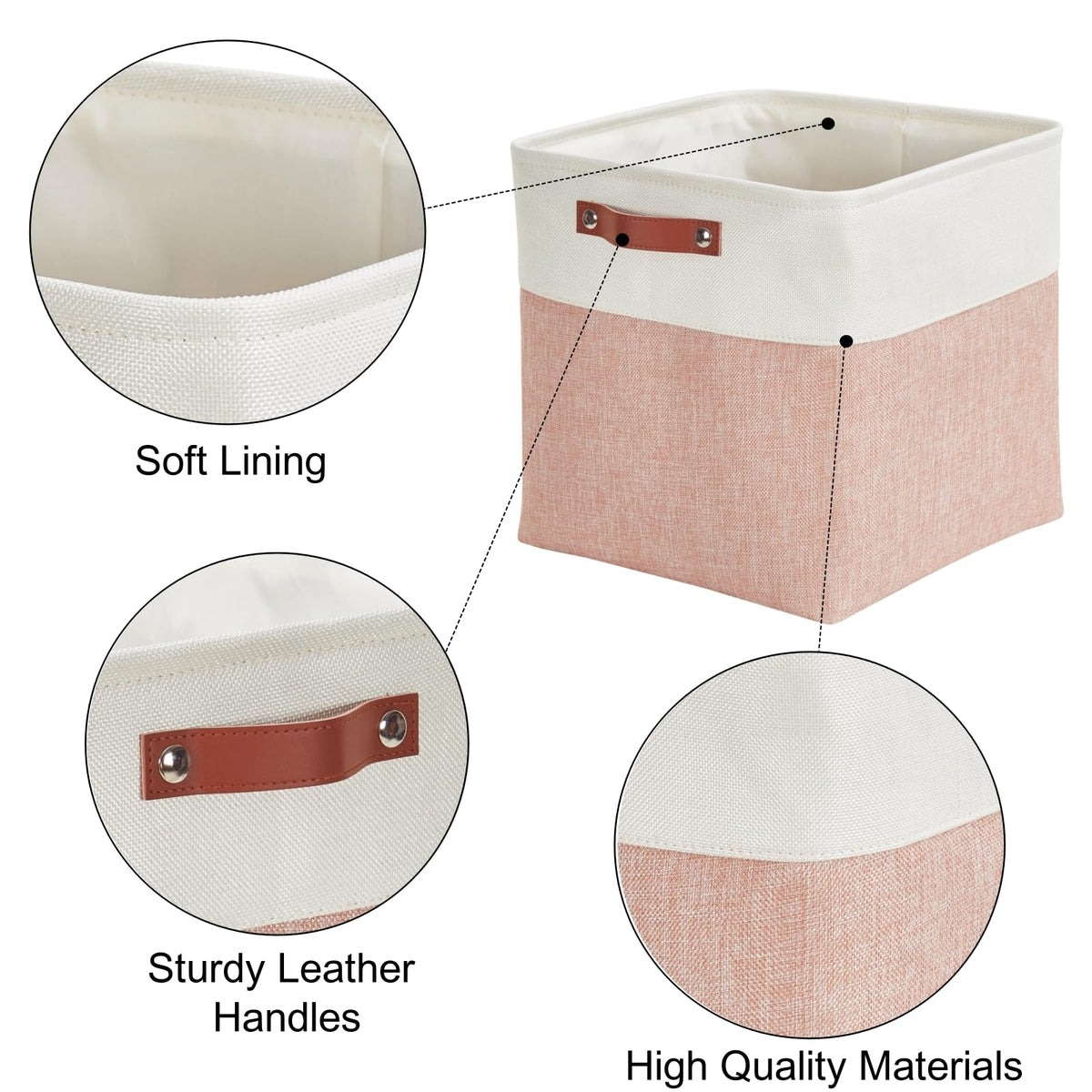 Mangata Collapsible Storage Cube Boxes, 30CM Cube Linen Woven Fabric Storage Baskets with Leather Handles 3PCS(Pink and White)