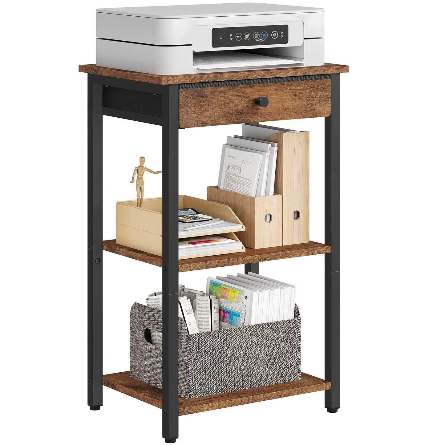 Gewudraw Printer Stand, 3 Tier Printer Shelf with Drawer for Home Office