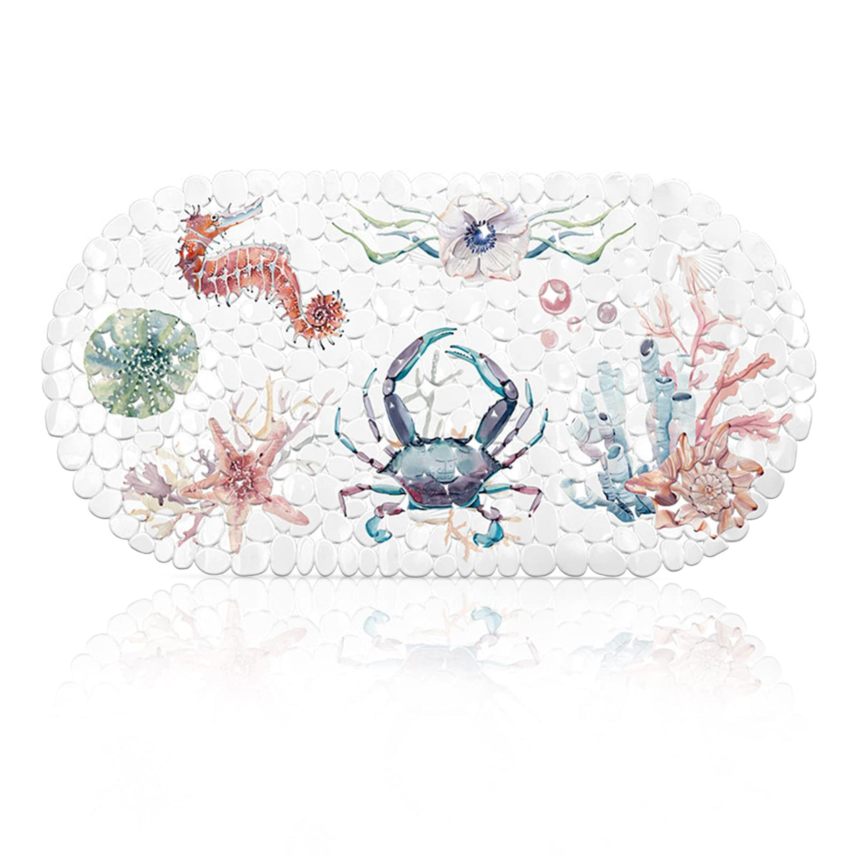 QZDAFFIC Shower Bath Mat Non Slip Anti Mould, Non Slip Bath Mat Washable Shell Pebbles Shape with Drain Holes & Suction Cups 69x35cm (Seahorse Crab)