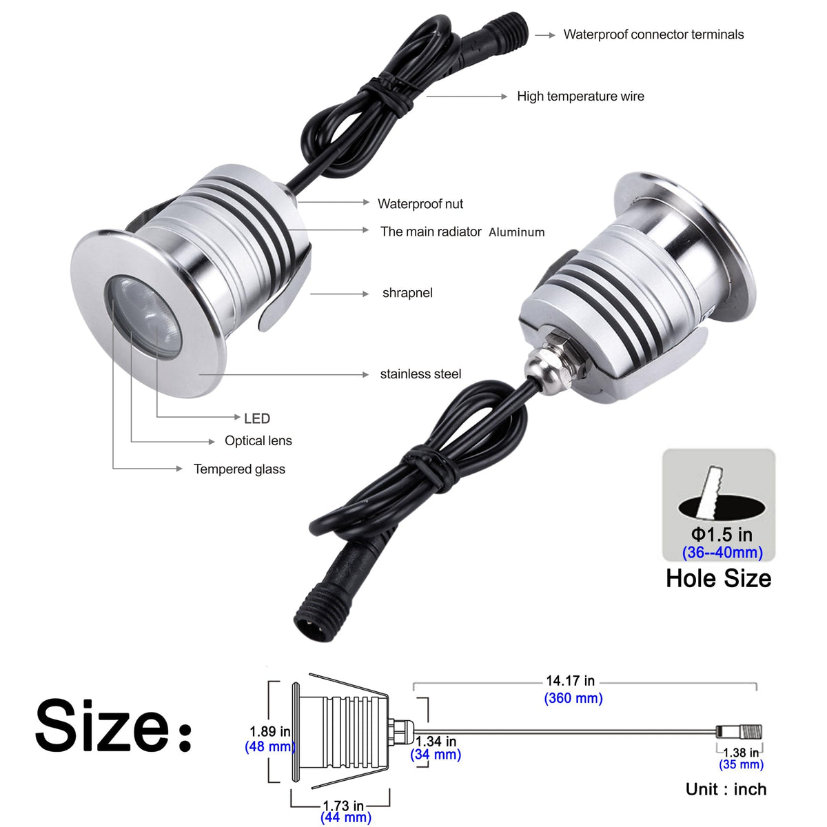 CNBRIGHTER LED Underwater Pool Lights, 3W,12V-24V DC, IP68 Waterproof,Stainless Steel Aluminum,for In-Ground Swimming Pools Steps Ponds Fountains